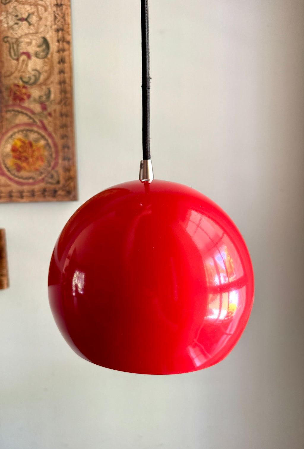 Vtg E.S. Horn Red Enamel Globe Pendant Lamp ~ MCM Pendant Lamp