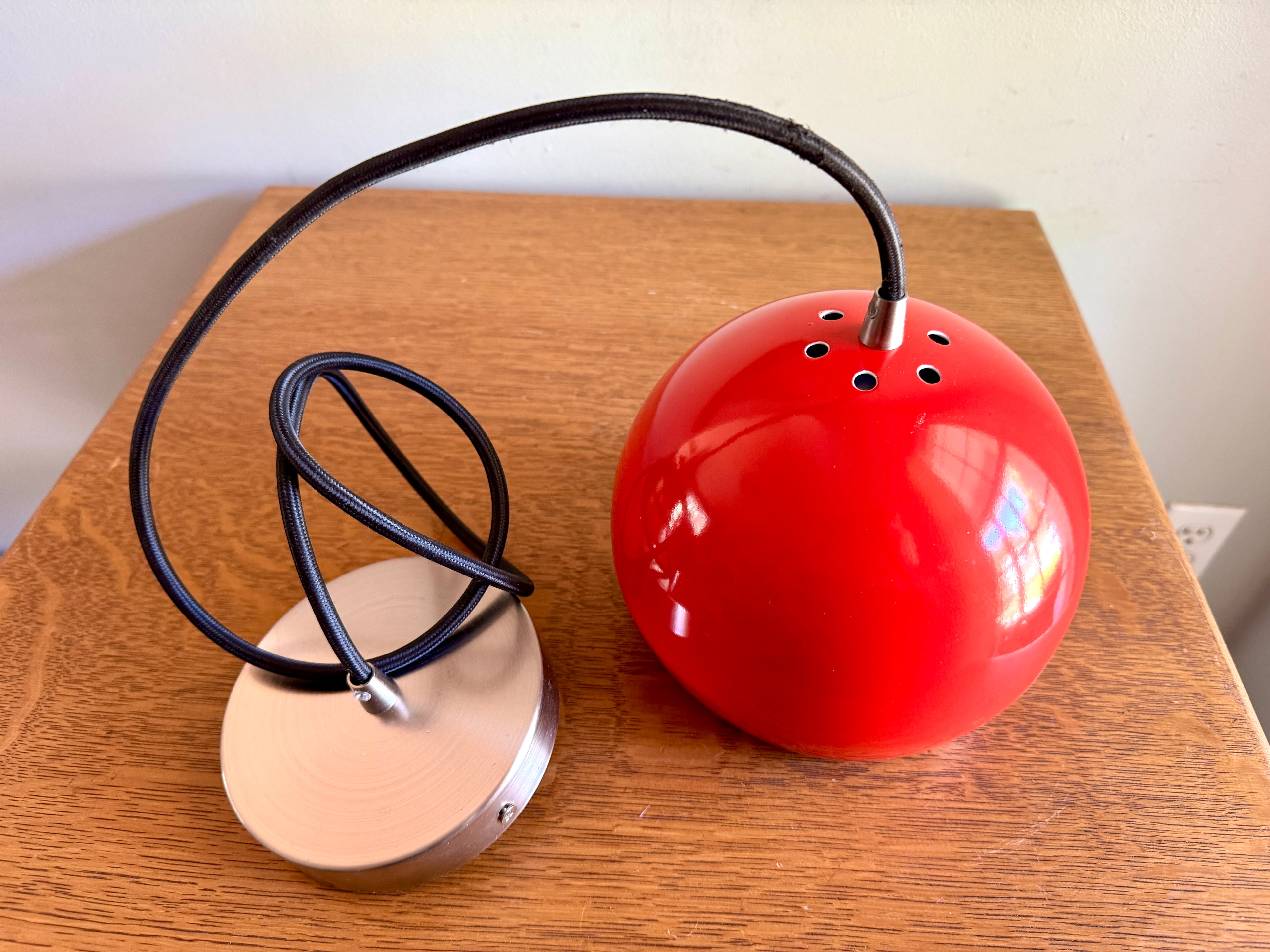 Vtg E.S. Horn Red Enamel Globe Pendant Lamp ~ MCM Pendant Lamp