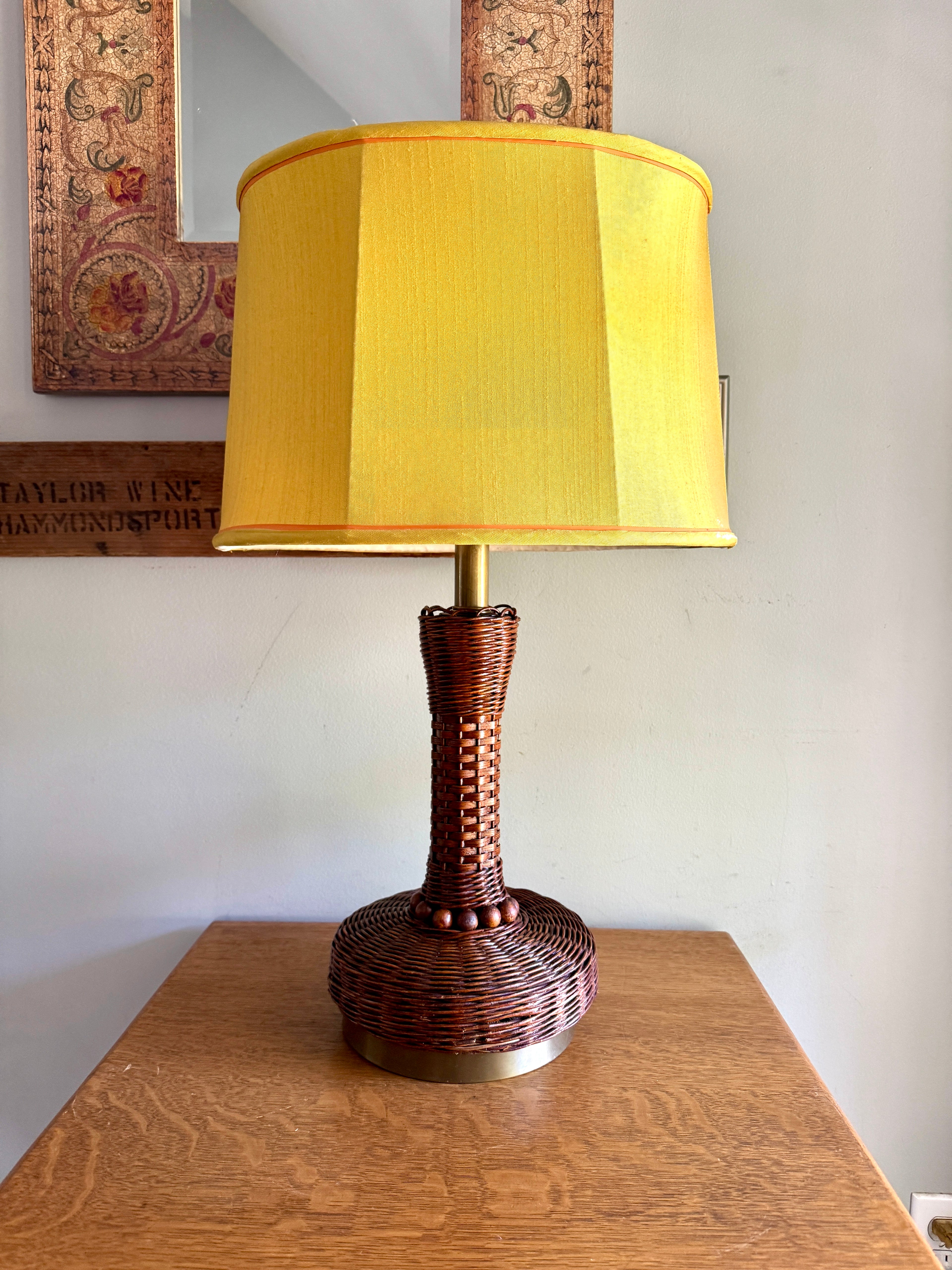 MCM Heyco Wicker Table Lamp ~ Rattan and Brass Tone Table Lamp ~ Shade Not Included