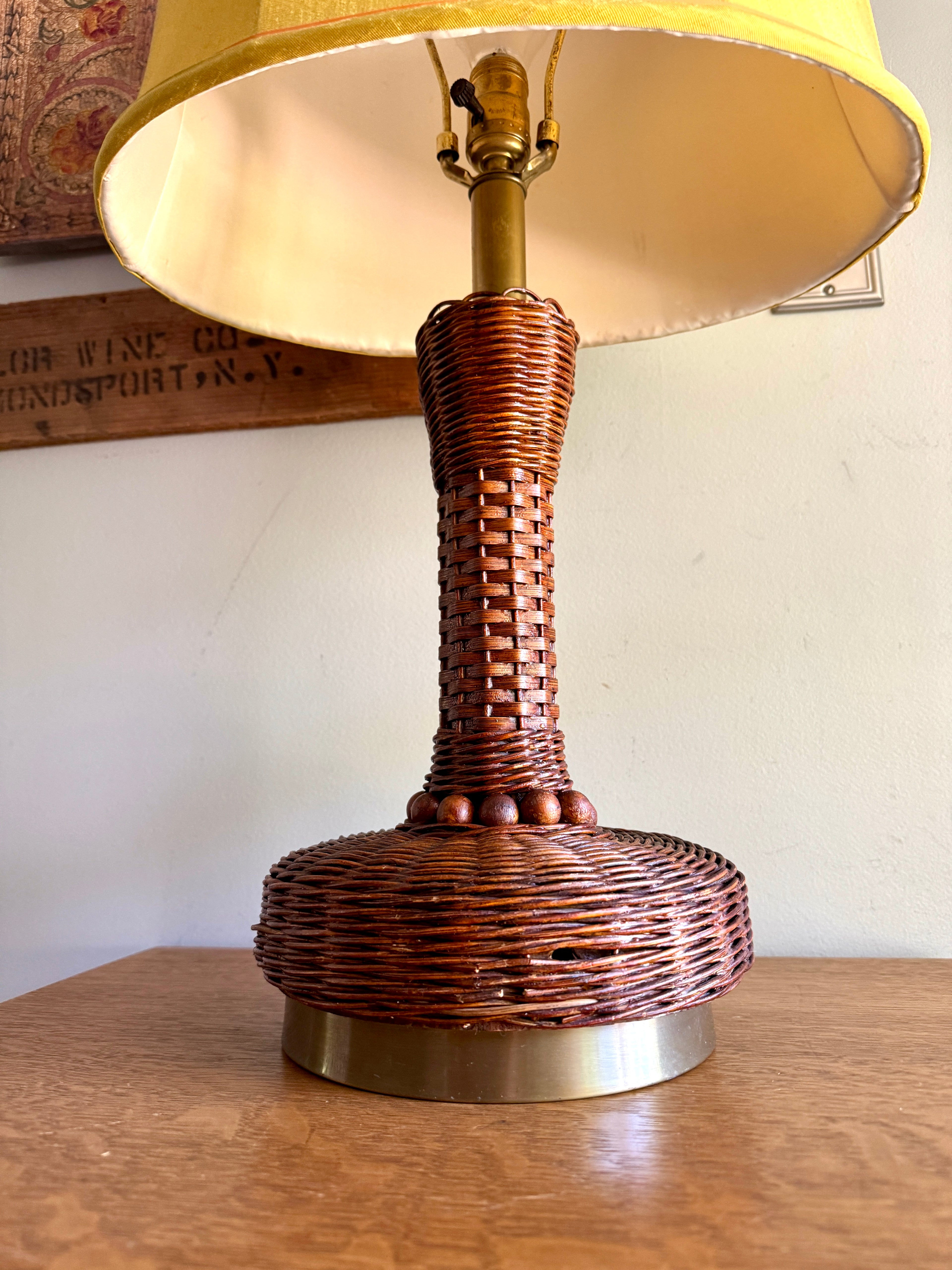MCM Heyco Wicker Table Lamp ~ Rattan and Brass Tone Table Lamp ~ Shade Not Included