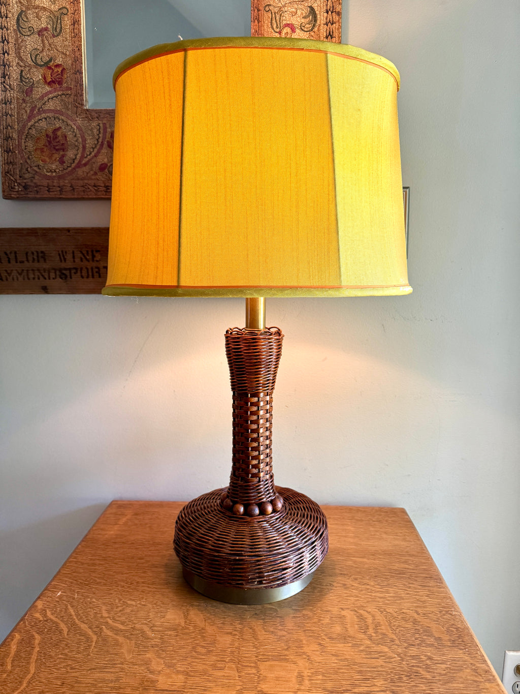 MCM Heyco Wicker Table Lamp ~ Rattan and Brass Tone Table Lamp ~ Shade Not Included