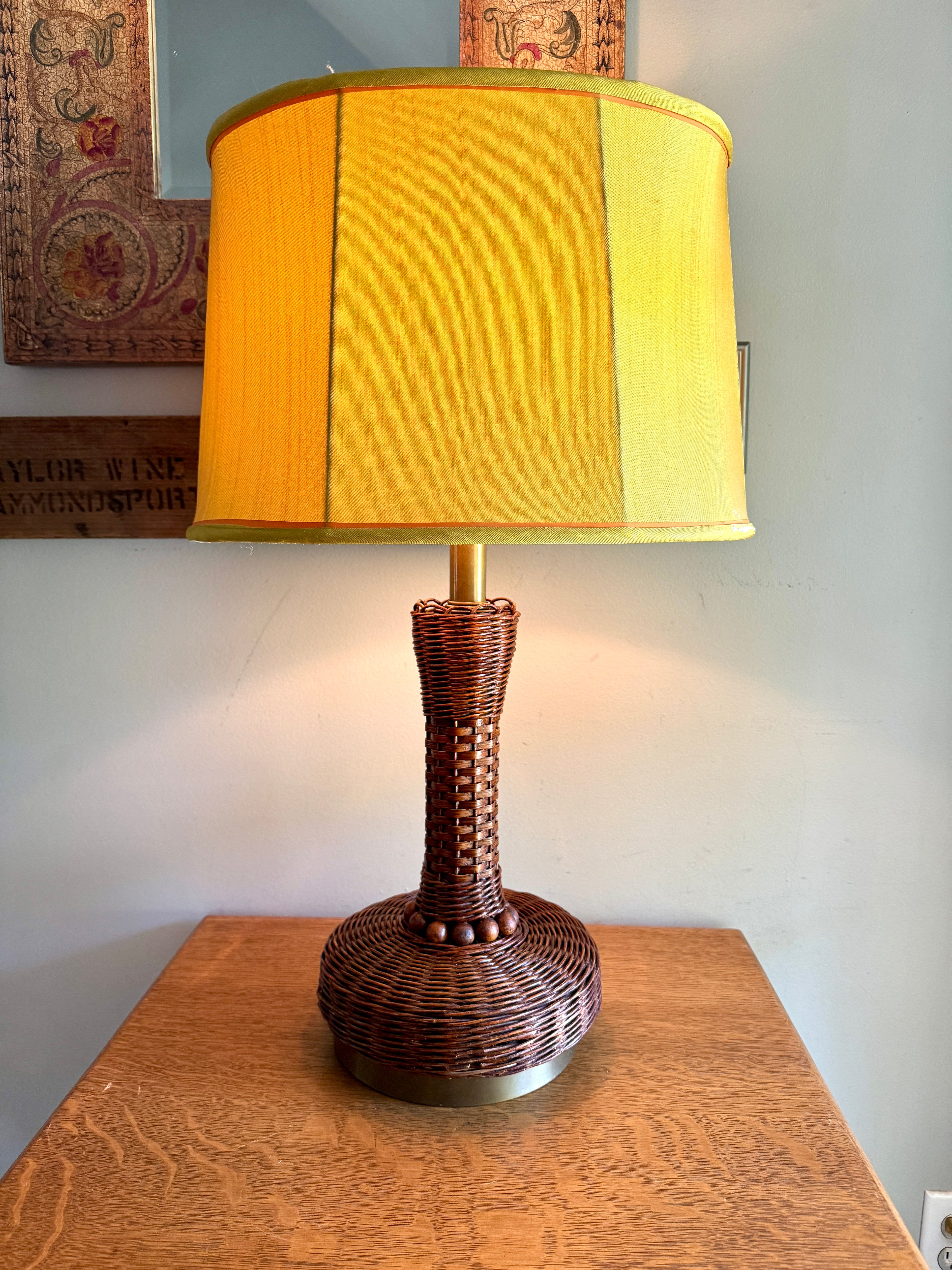 MCM Heyco Wicker Table Lamp ~ Rattan and Brass Tone Table Lamp ~ Shade Not Included