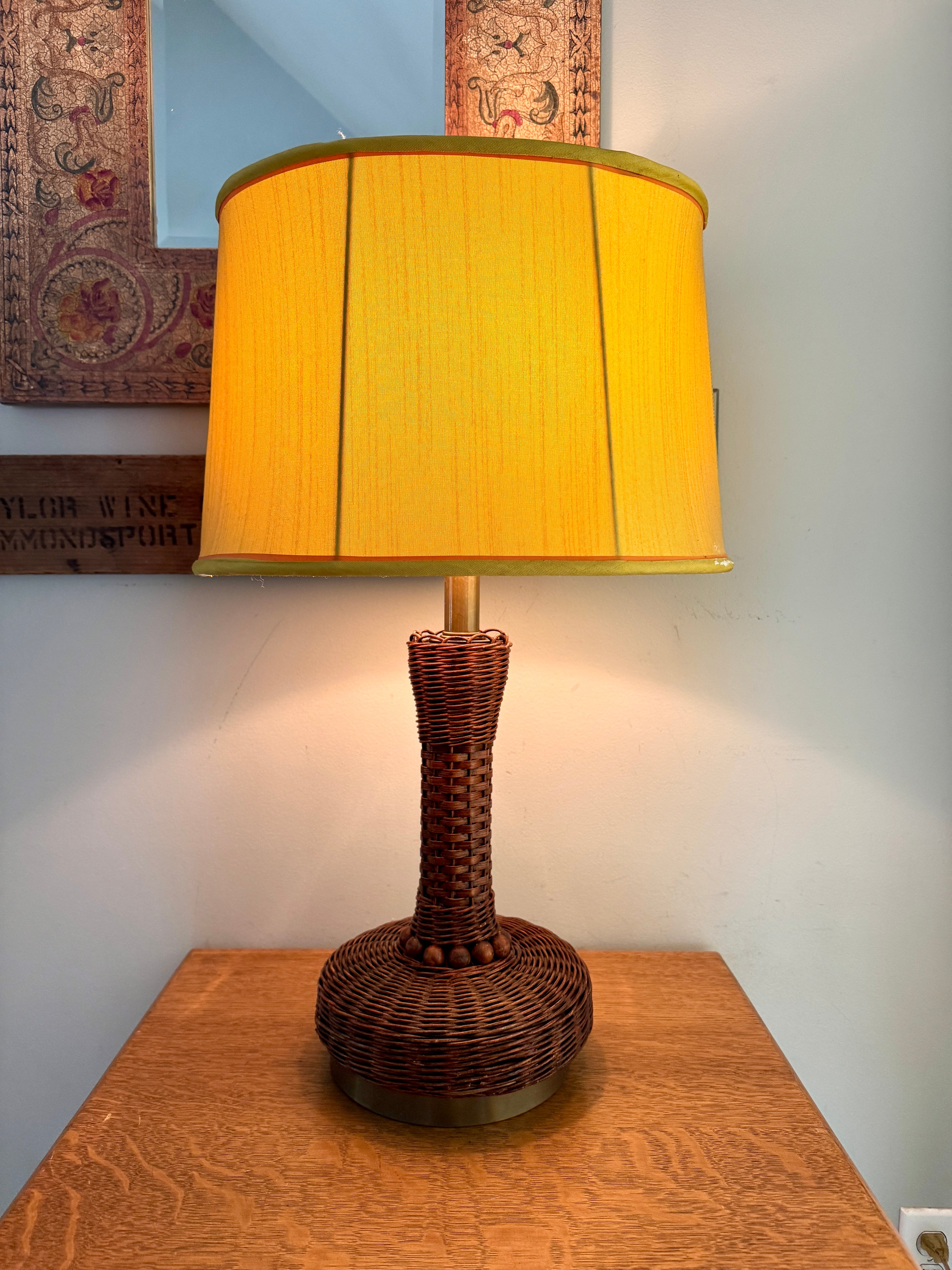 MCM Heyco Wicker Table Lamp ~ Rattan and Brass Tone Table Lamp ~ Shade Not Included