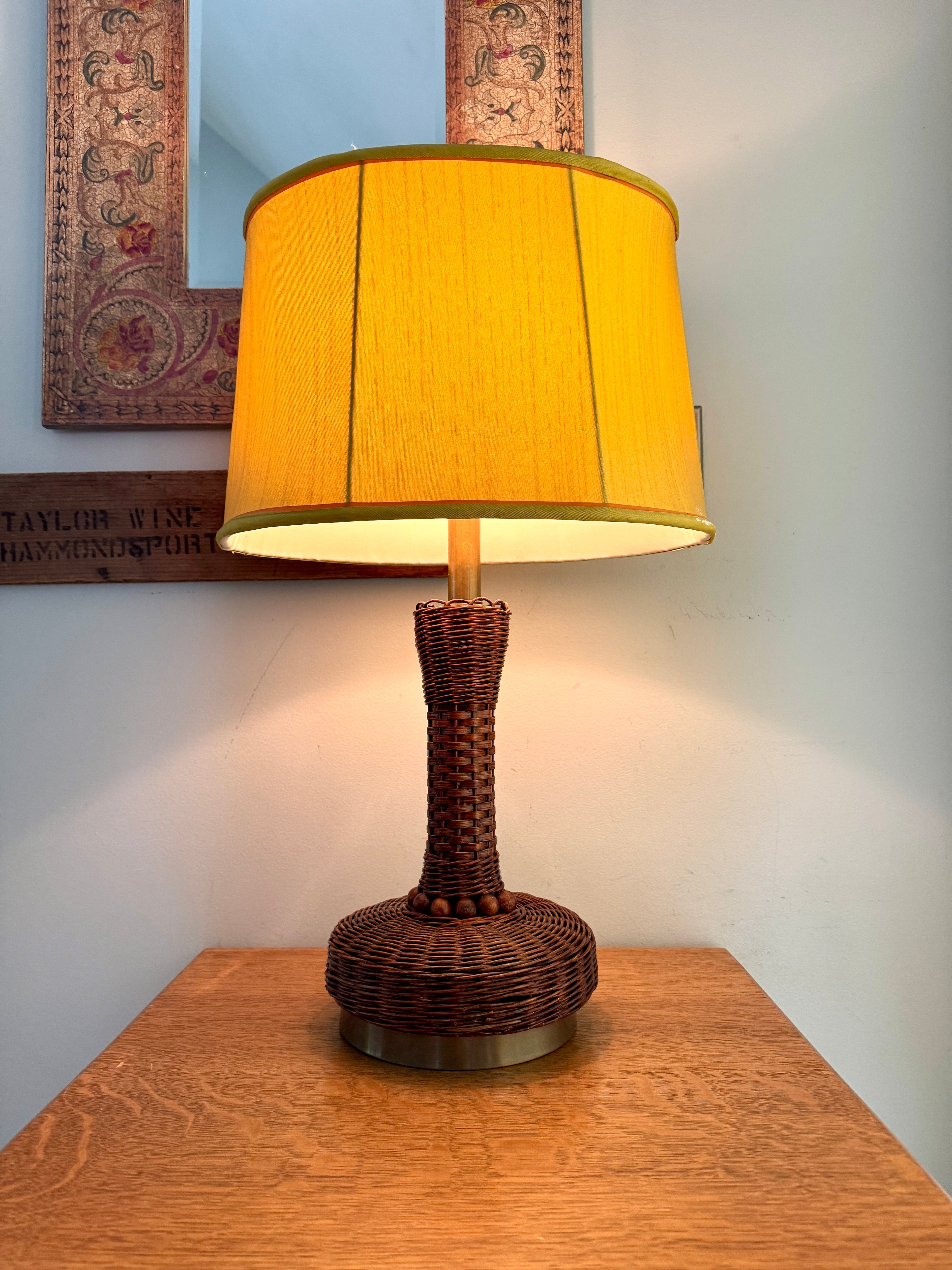 MCM Heyco Wicker Table Lamp ~ Rattan and Brass Tone Table Lamp ~ Shade Not Included