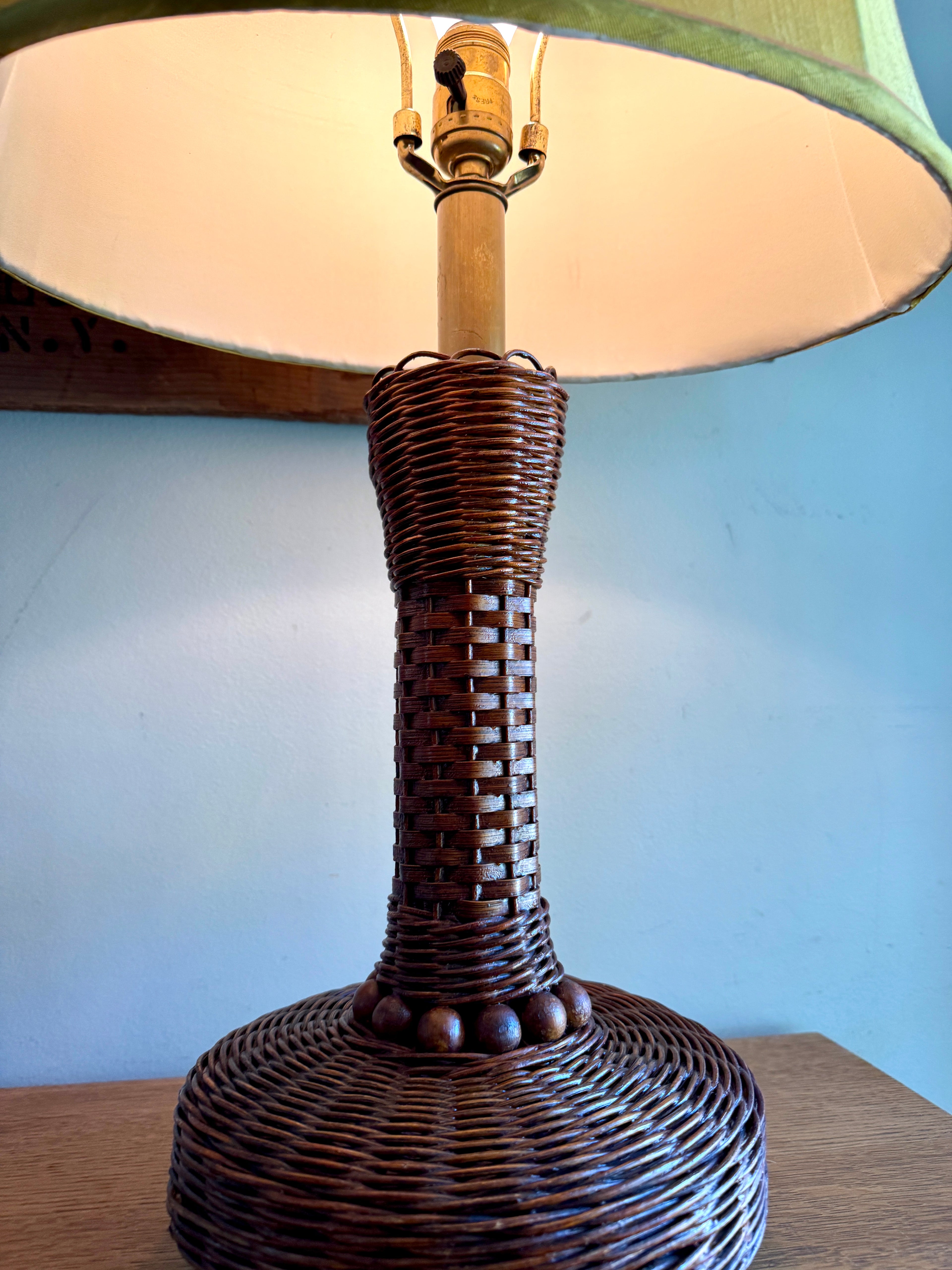 MCM Heyco Wicker Table Lamp ~ Rattan and Brass Tone Table Lamp ~ Shade Not Included