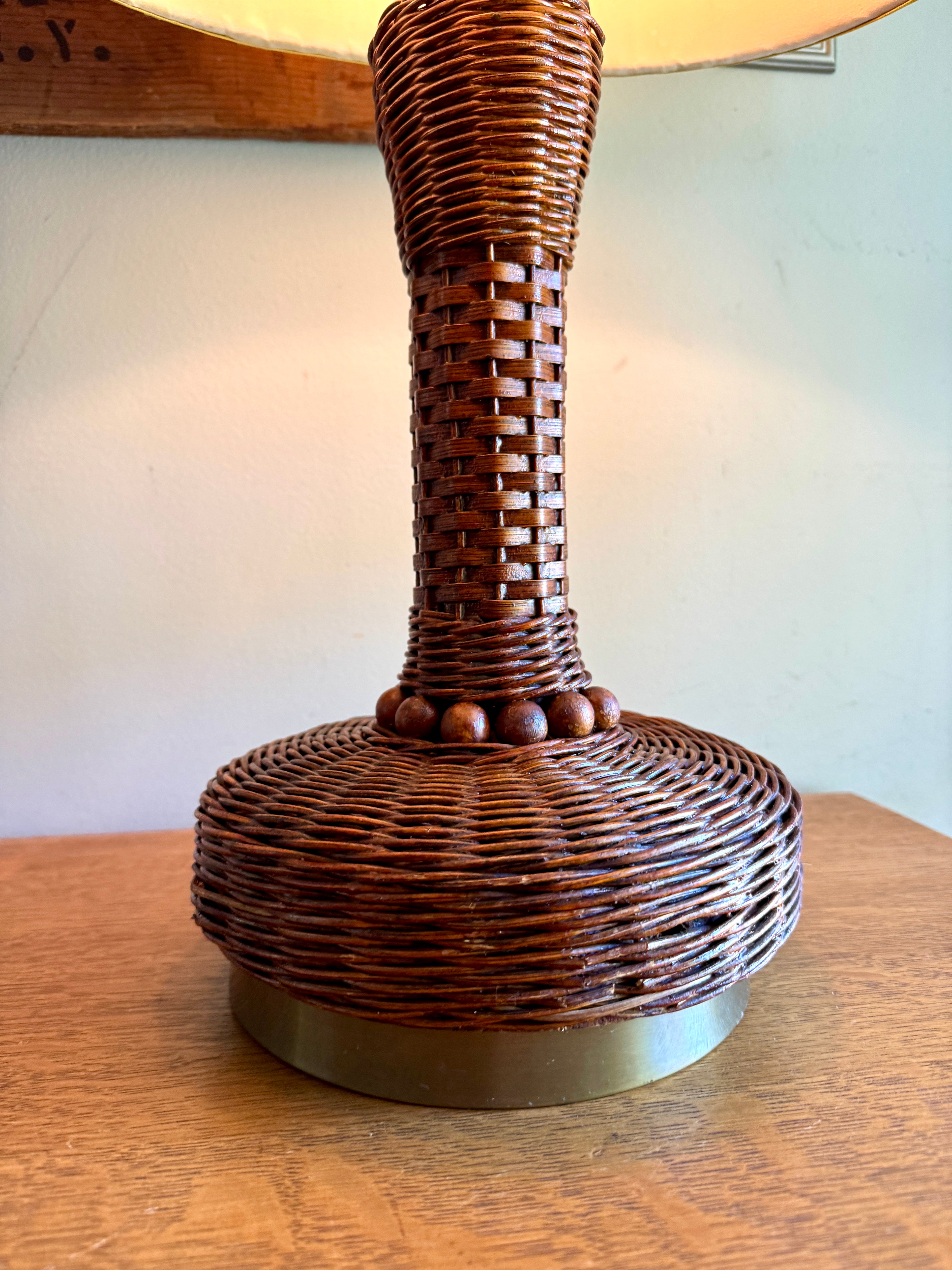 MCM Heyco Wicker Table Lamp ~ Rattan and Brass Tone Table Lamp ~ Shade Not Included