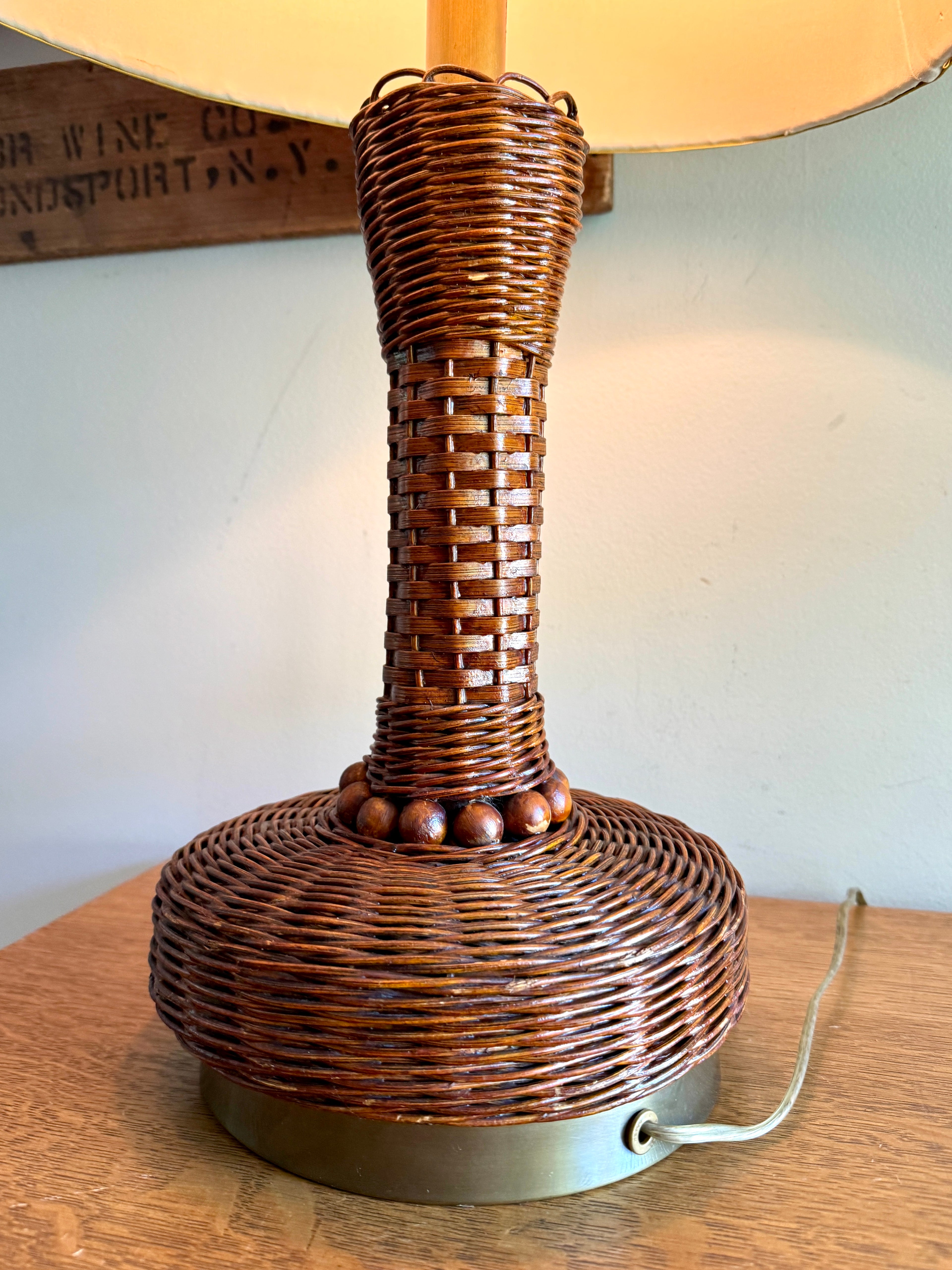 MCM Heyco Wicker Table Lamp ~ Rattan and Brass Tone Table Lamp ~ Shade Not Included