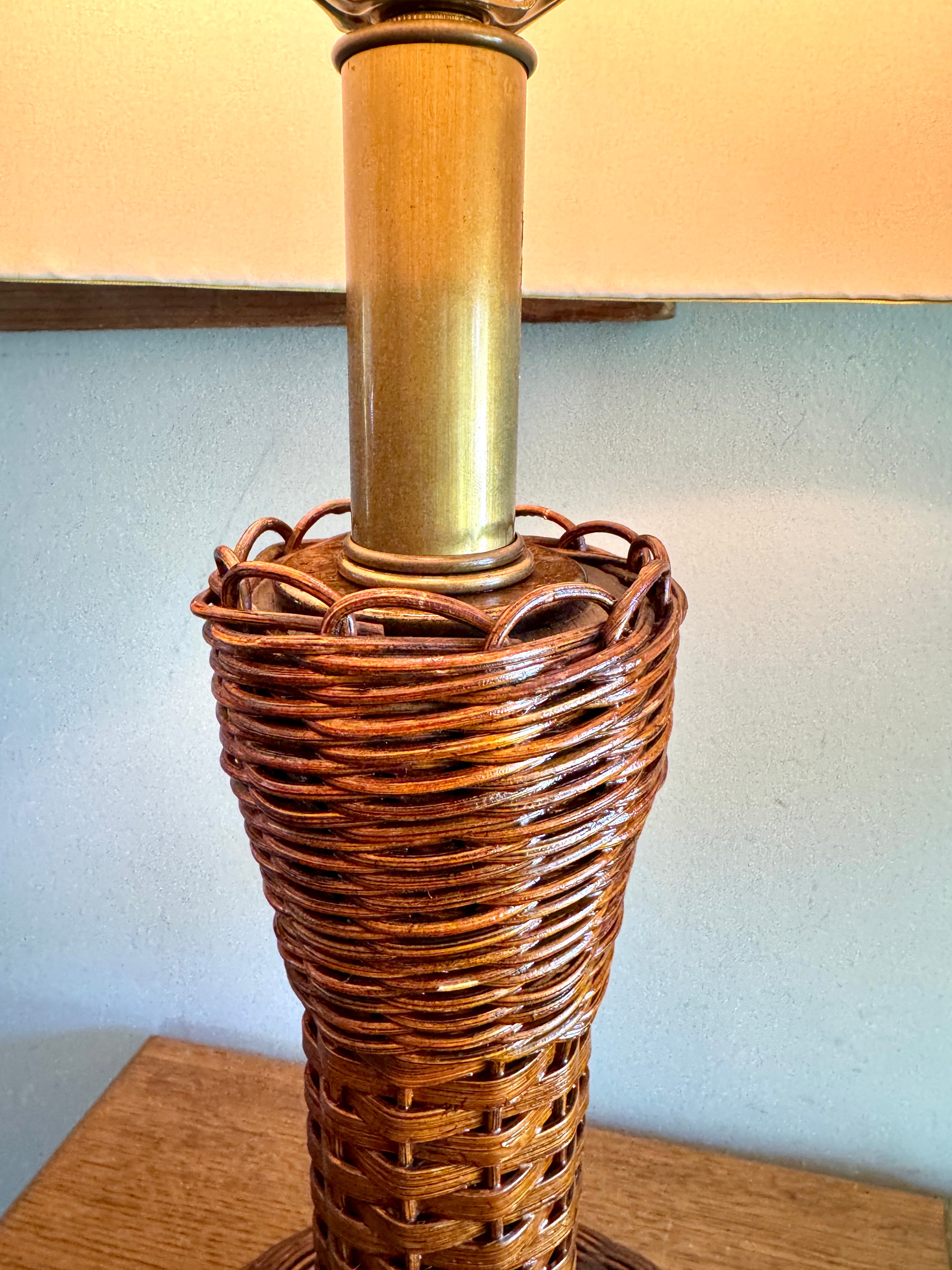 MCM Heyco Wicker Table Lamp ~ Rattan and Brass Tone Table Lamp ~ Shade Not Included