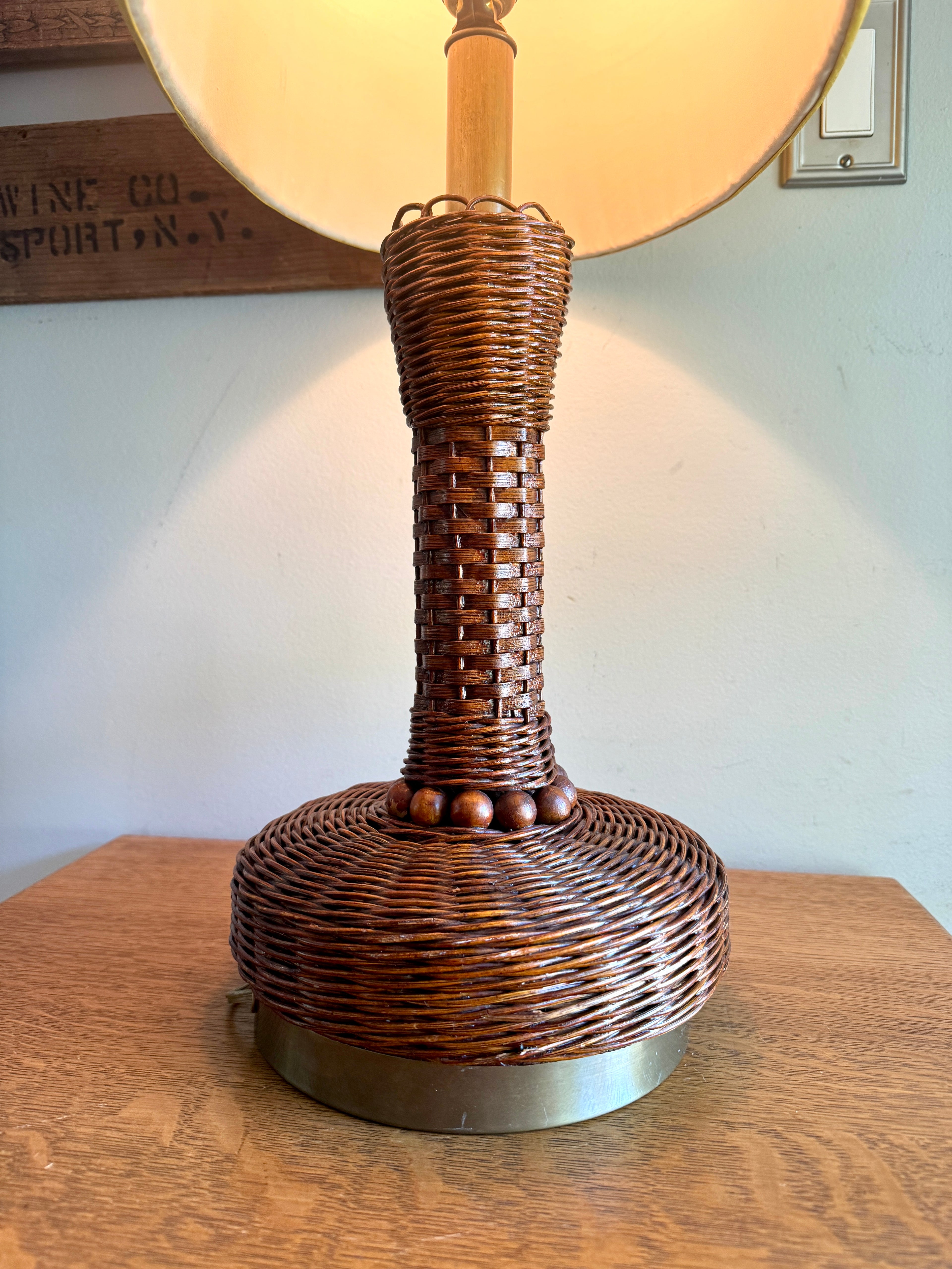 MCM Heyco Wicker Table Lamp ~ Rattan and Brass Tone Table Lamp ~ Shade Not Included
