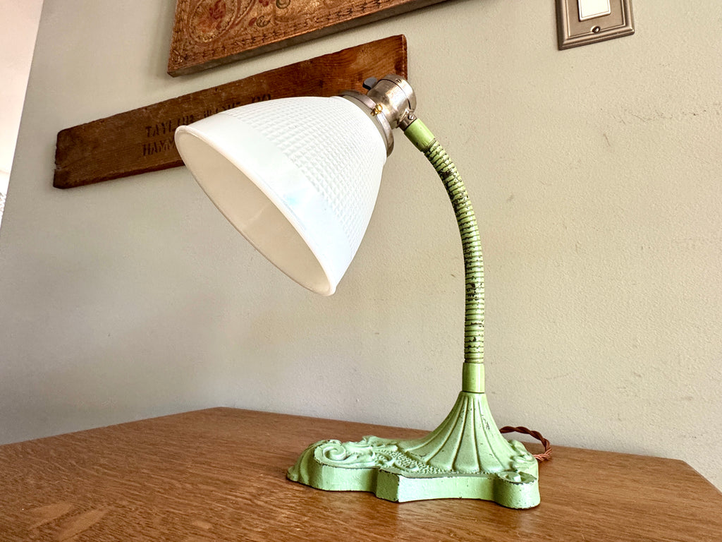 Vtg Green Cast Iron Gooseneck Lamp With Milkglass Shade ~ Ornate Cast Iron Desk Lamp