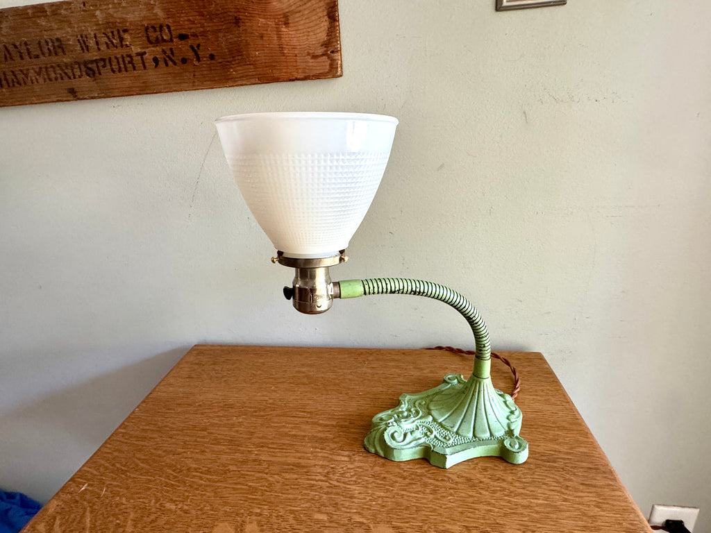 Vtg Green Cast Iron Gooseneck Lamp With Milkglass Shade ~ Ornate Cast Iron Desk Lamp