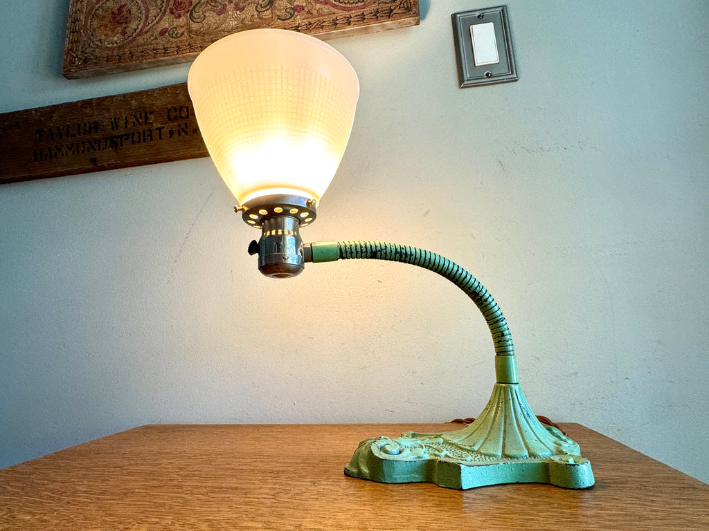 Vtg Green Cast Iron Gooseneck Lamp With Milkglass Shade ~ Ornate Cast Iron Desk Lamp