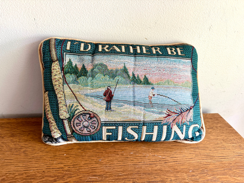 "I'd Rather Be Fishing" Decorative Tapestry Pillow ~ Needlepoint Style Fishing Pillow