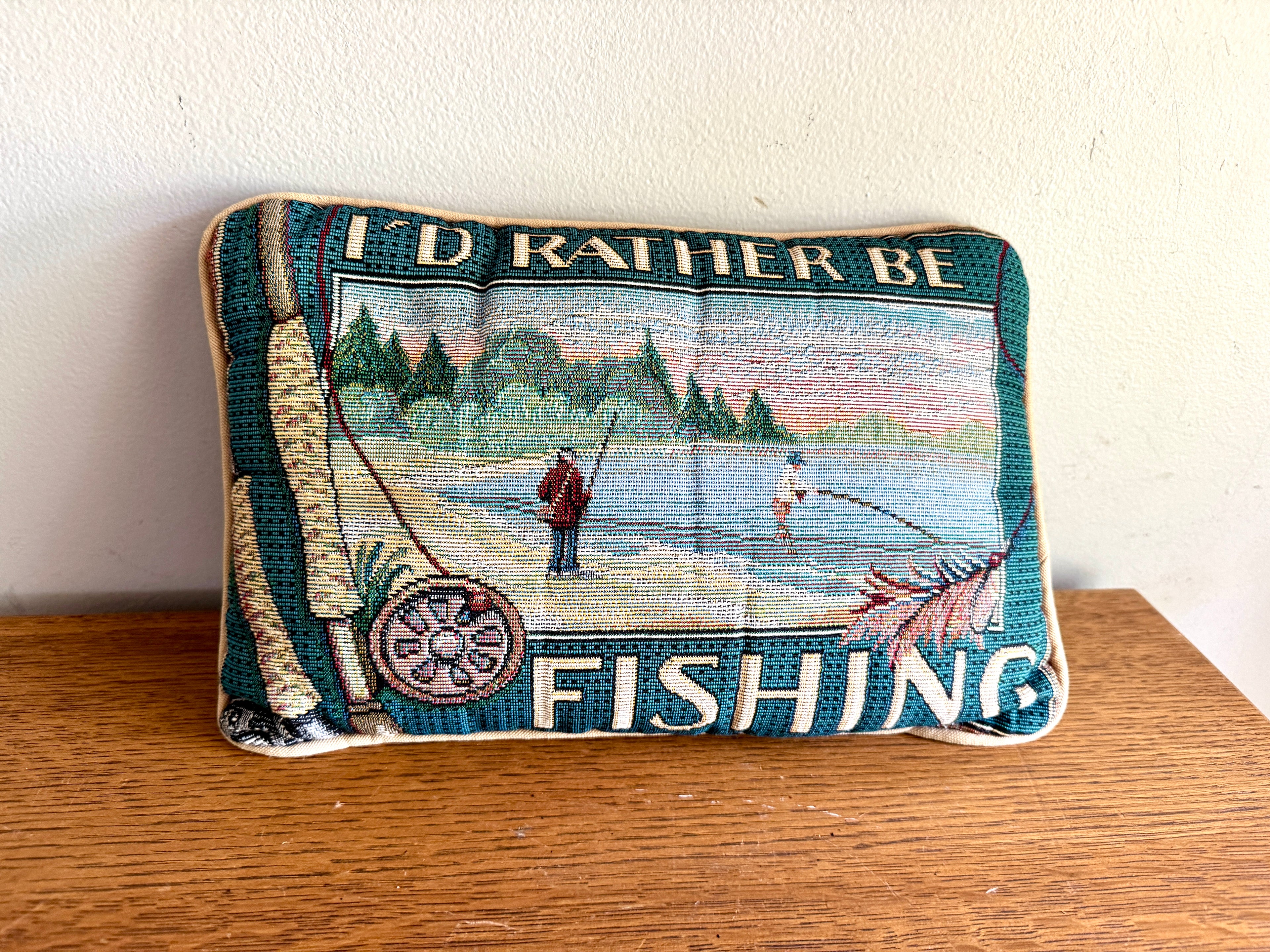 "I'd Rather Be Fishing" Decorative Tapestry Pillow ~ Needlepoint Style Fishing Pillow