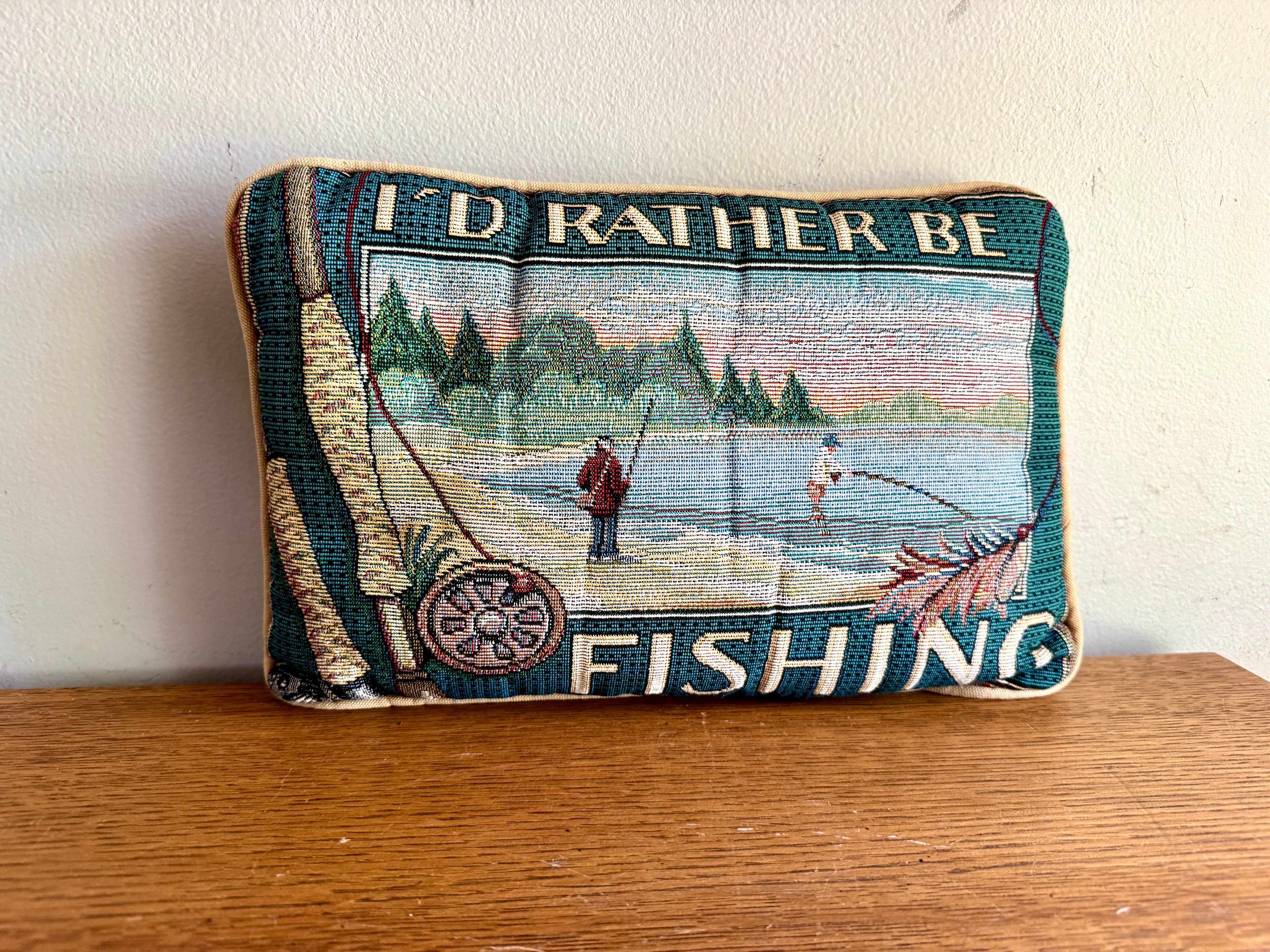 "I'd Rather Be Fishing" Decorative Tapestry Pillow ~ Needlepoint Style Fishing Pillow