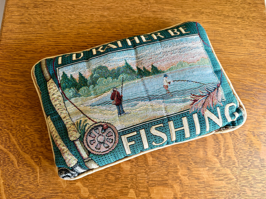 "I'd Rather Be Fishing" Decorative Tapestry Pillow ~ Needlepoint Style Fishing Pillow