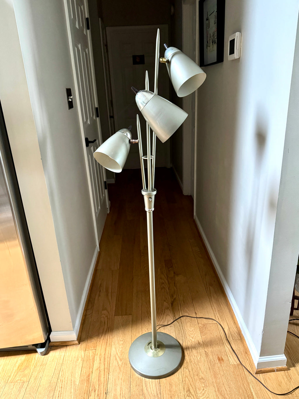 1960's MCM "Triennale" Floor Lamp Attributed to Gerald Thurston for Lightolier, Featuring Gray Bullet Shades and Silver & Brass Accents.
