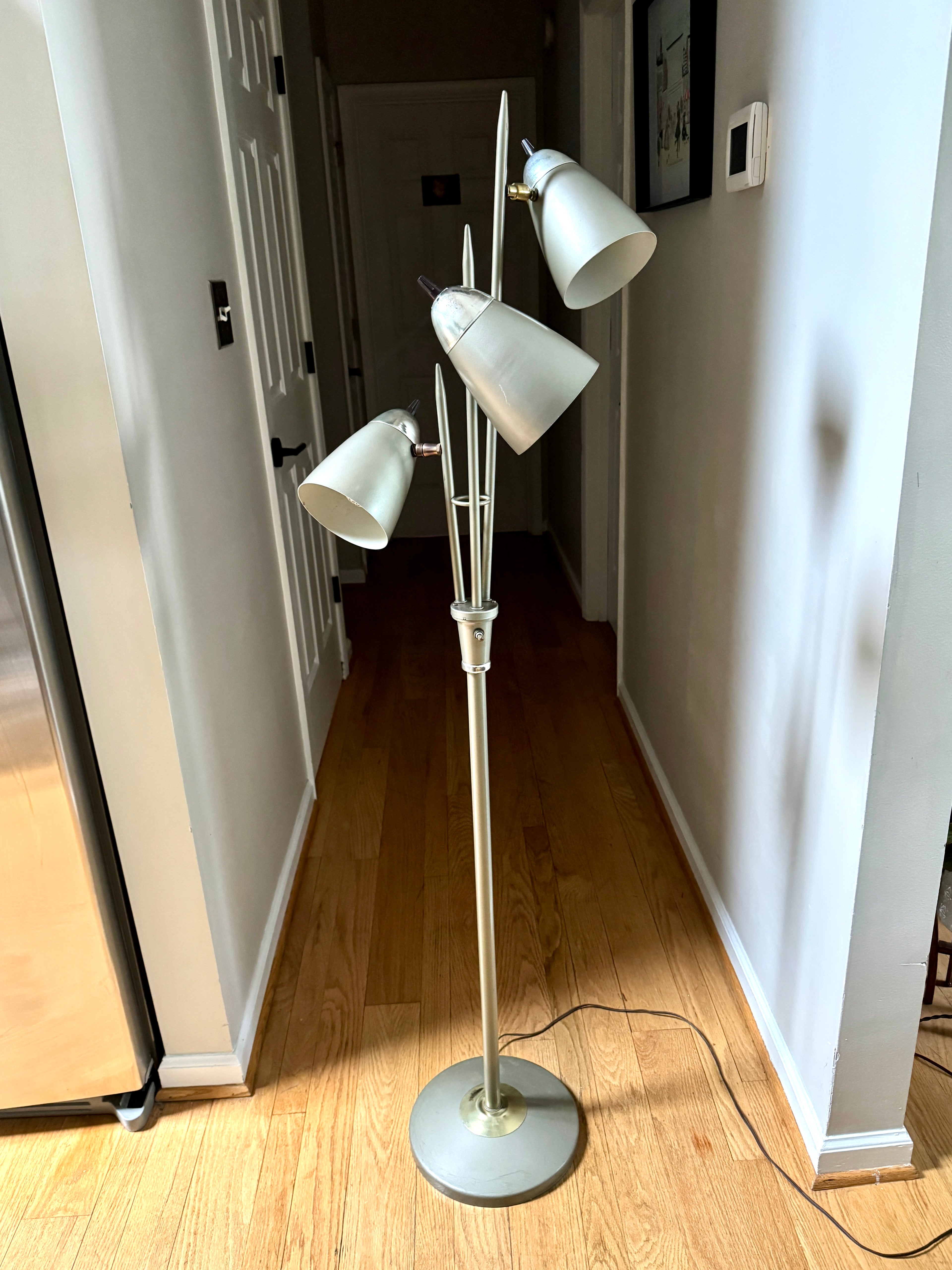 1960's MCM "Triennale" Floor Lamp Attributed to Gerald Thurston for Lightolier, Featuring Gray Bullet Shades and Silver & Brass Accents.
