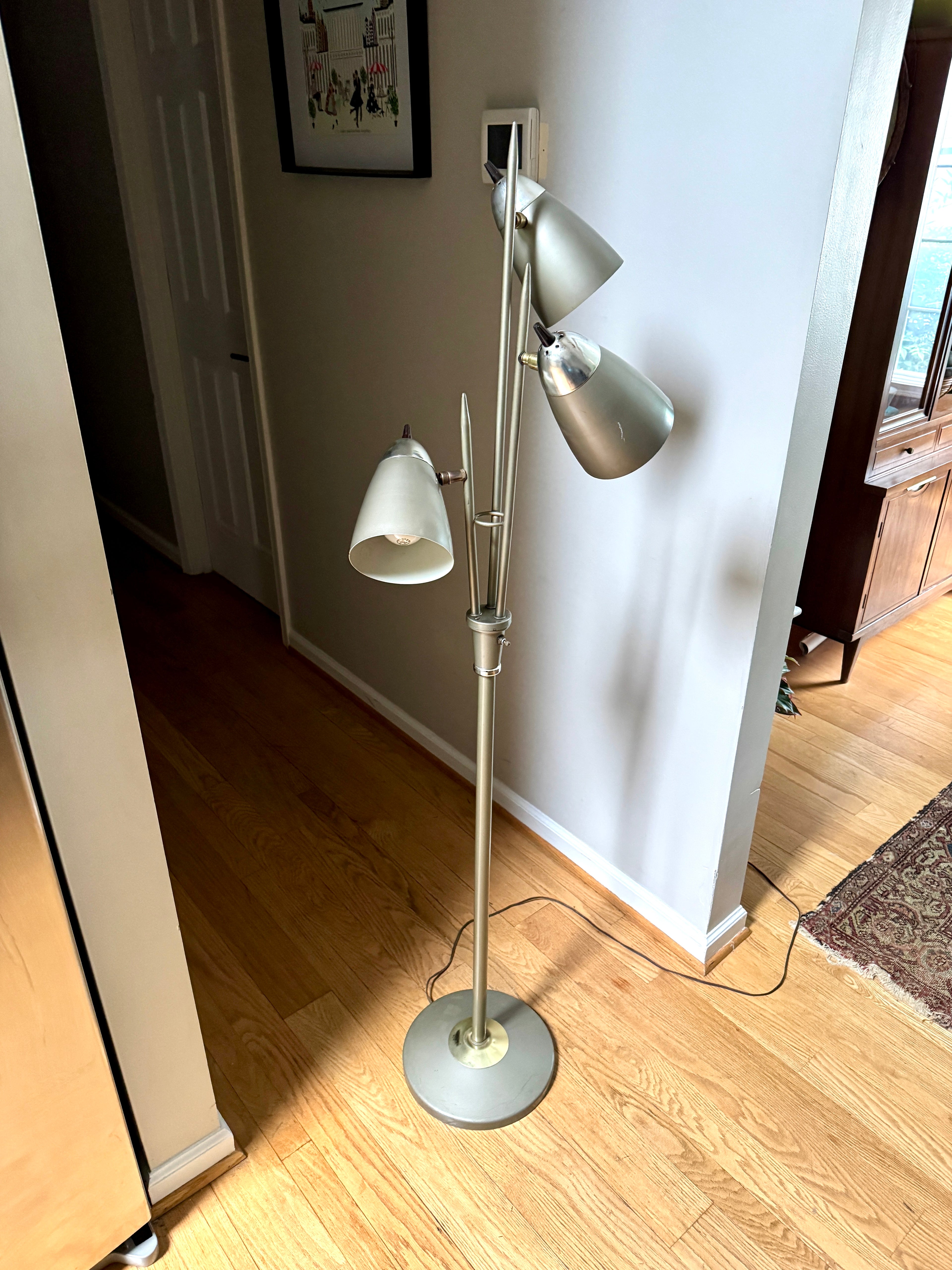 1960's MCM "Triennale" Floor Lamp Attributed to Gerald Thurston for Lightolier, Featuring Gray Bullet Shades and Silver & Brass Accents.