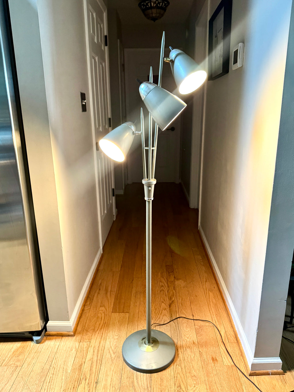 1960's MCM "Triennale" Floor Lamp Attributed to Gerald Thurston for Lightolier, Featuring Gray Bullet Shades and Silver & Brass Accents.