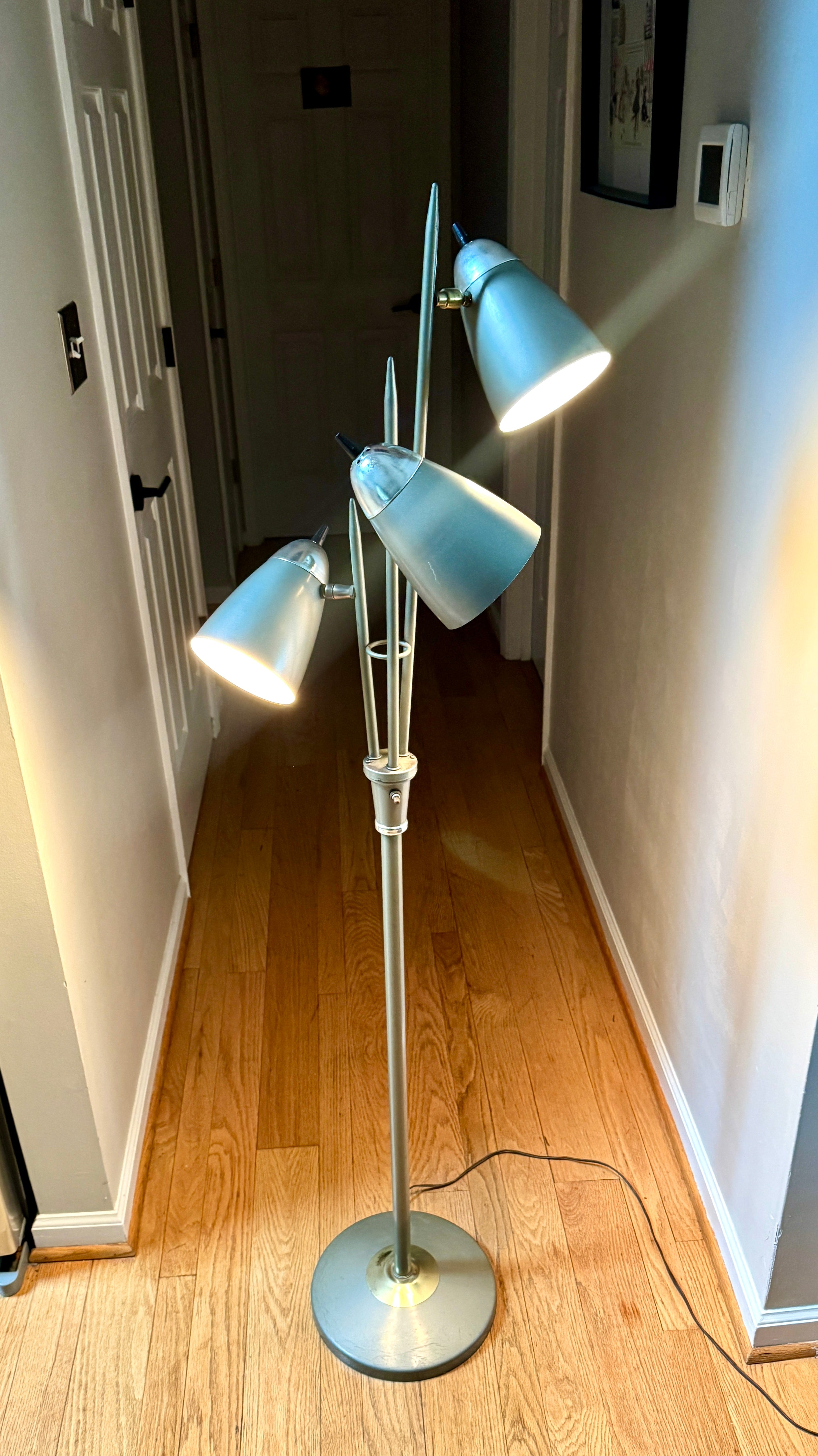 1960's MCM "Triennale" Floor Lamp Attributed to Gerald Thurston for Lightolier, Featuring Gray Bullet Shades and Silver & Brass Accents.