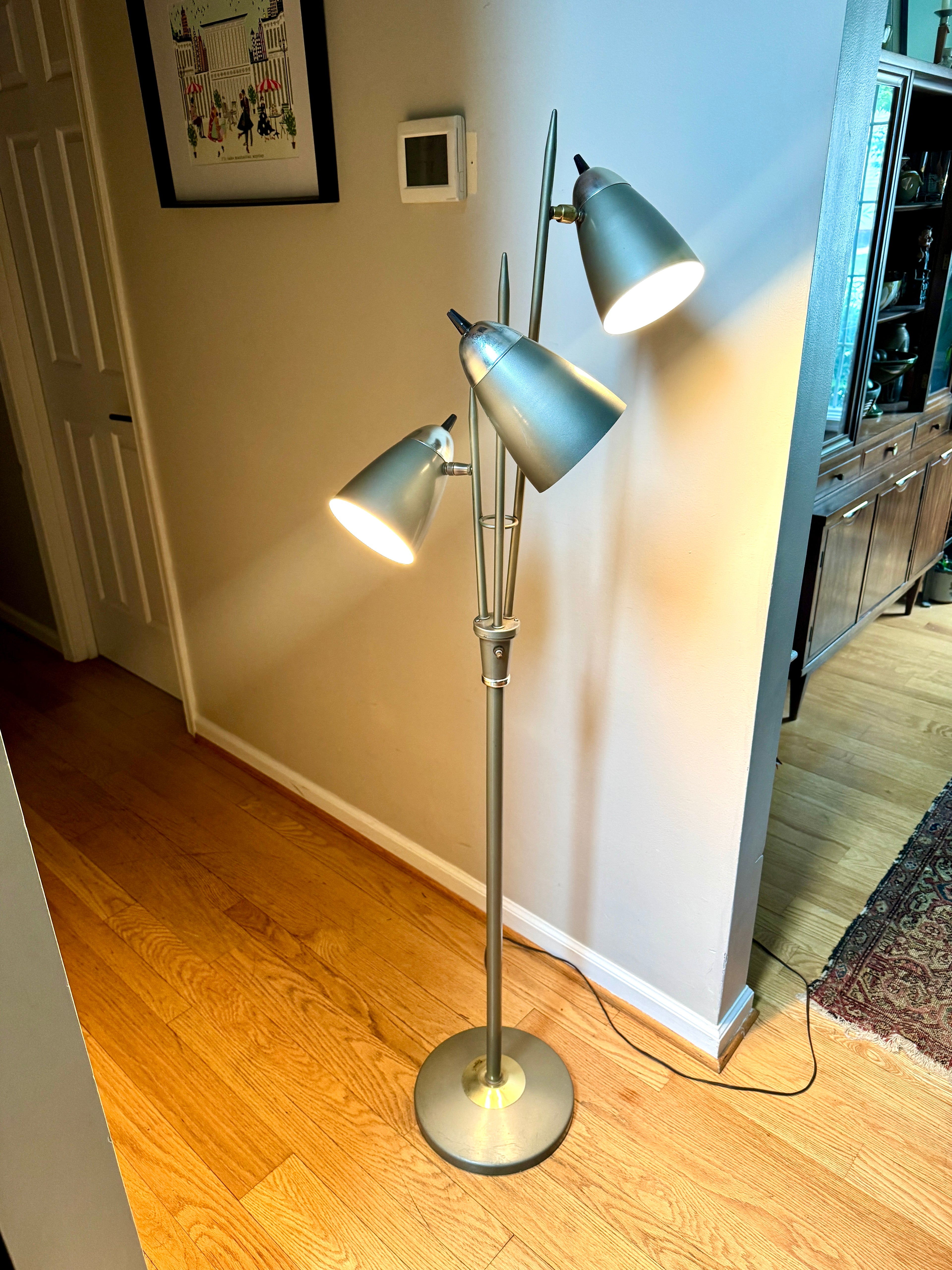 1960's MCM "Triennale" Floor Lamp Attributed to Gerald Thurston for Lightolier, Featuring Gray Bullet Shades and Silver & Brass Accents.