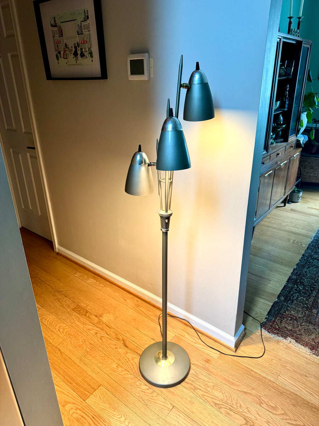 1960's MCM "Triennale" Floor Lamp Attributed to Gerald Thurston for Lightolier, Featuring Gray Bullet Shades and Silver & Brass Accents.