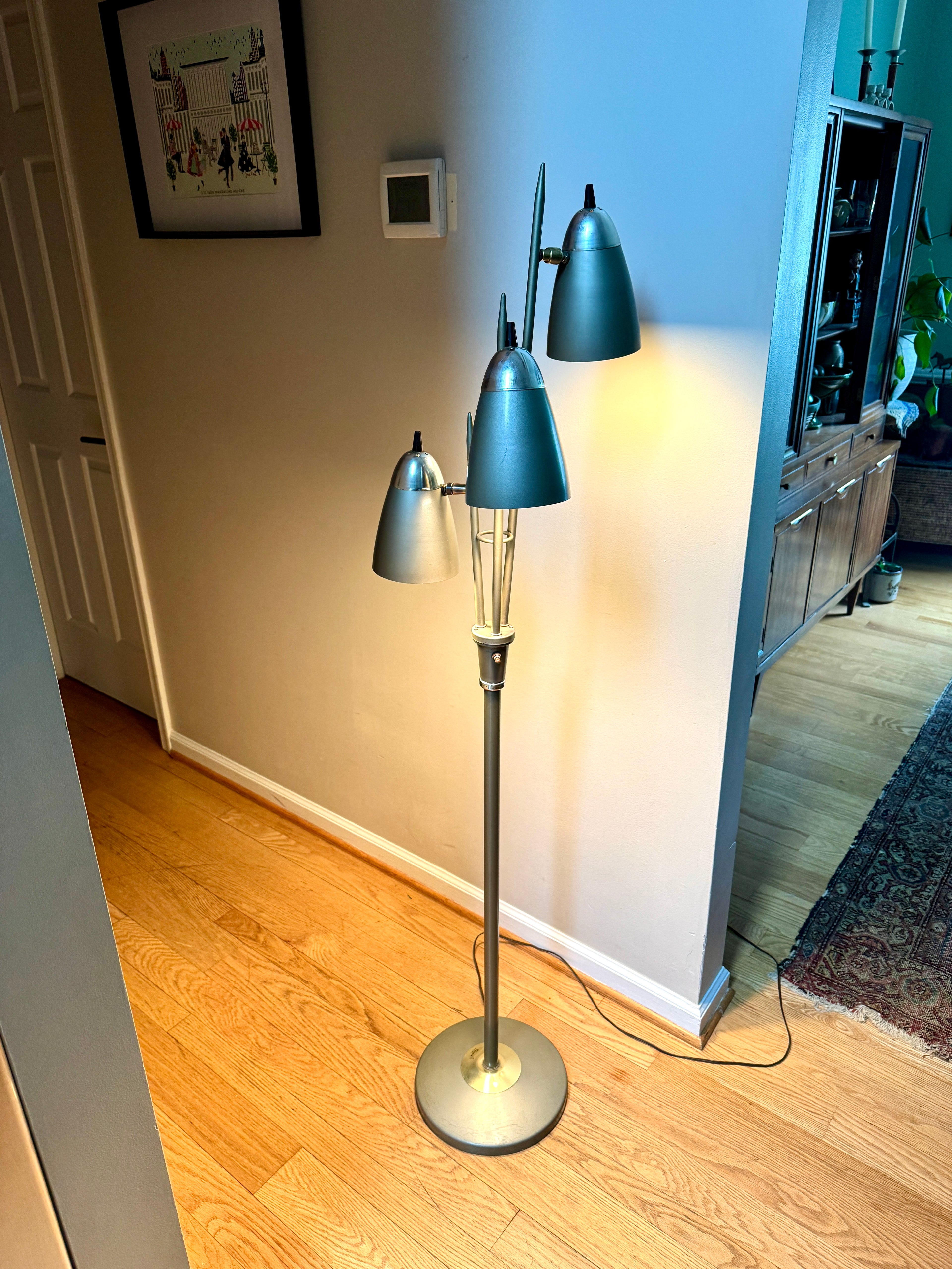 1960's MCM "Triennale" Floor Lamp Attributed to Gerald Thurston for Lightolier, Featuring Gray Bullet Shades and Silver & Brass Accents.