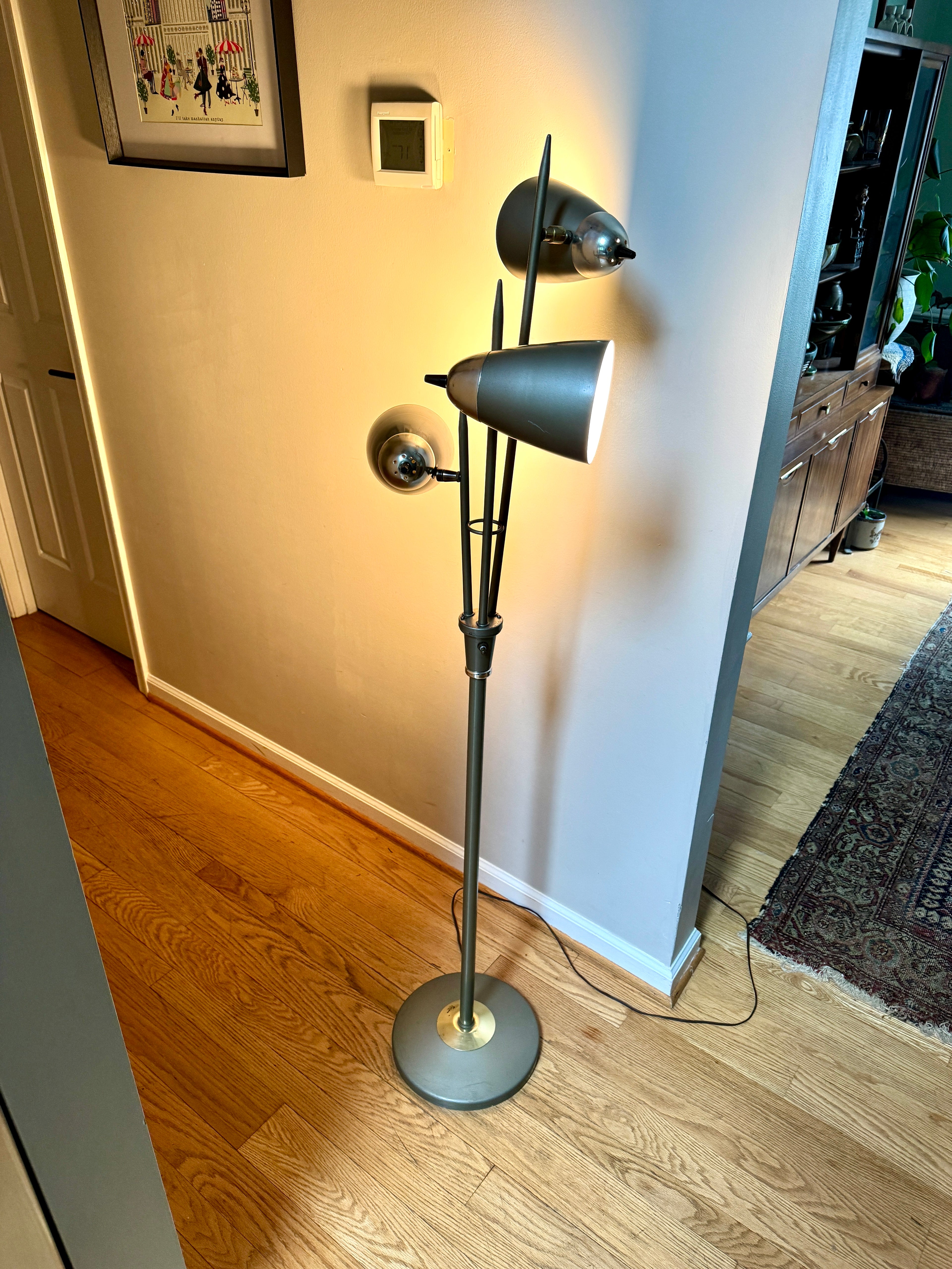 1960's MCM "Triennale" Floor Lamp Attributed to Gerald Thurston for Lightolier, Featuring Gray Bullet Shades and Silver & Brass Accents.