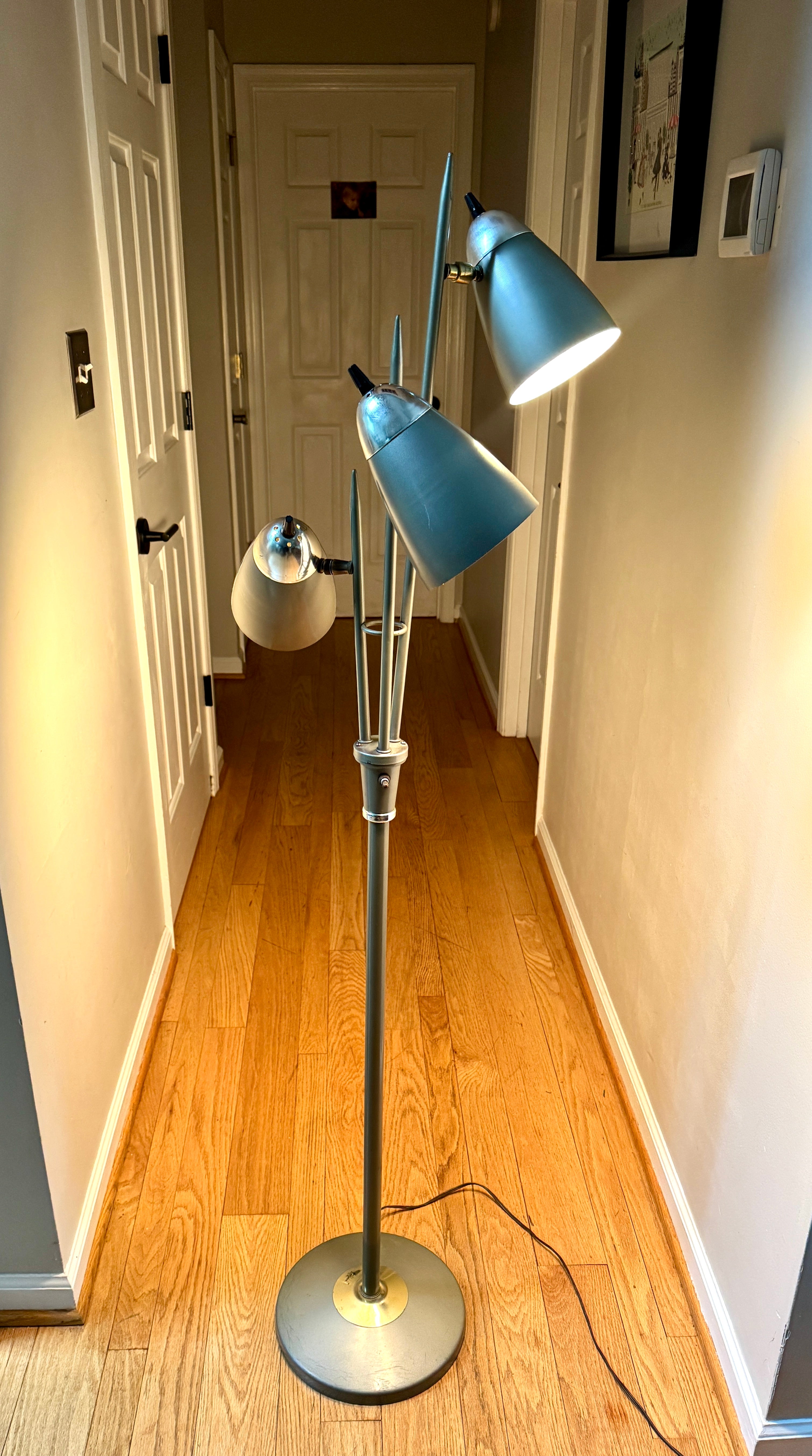 1960's MCM "Triennale" Floor Lamp Attributed to Gerald Thurston for Lightolier, Featuring Gray Bullet Shades and Silver & Brass Accents.