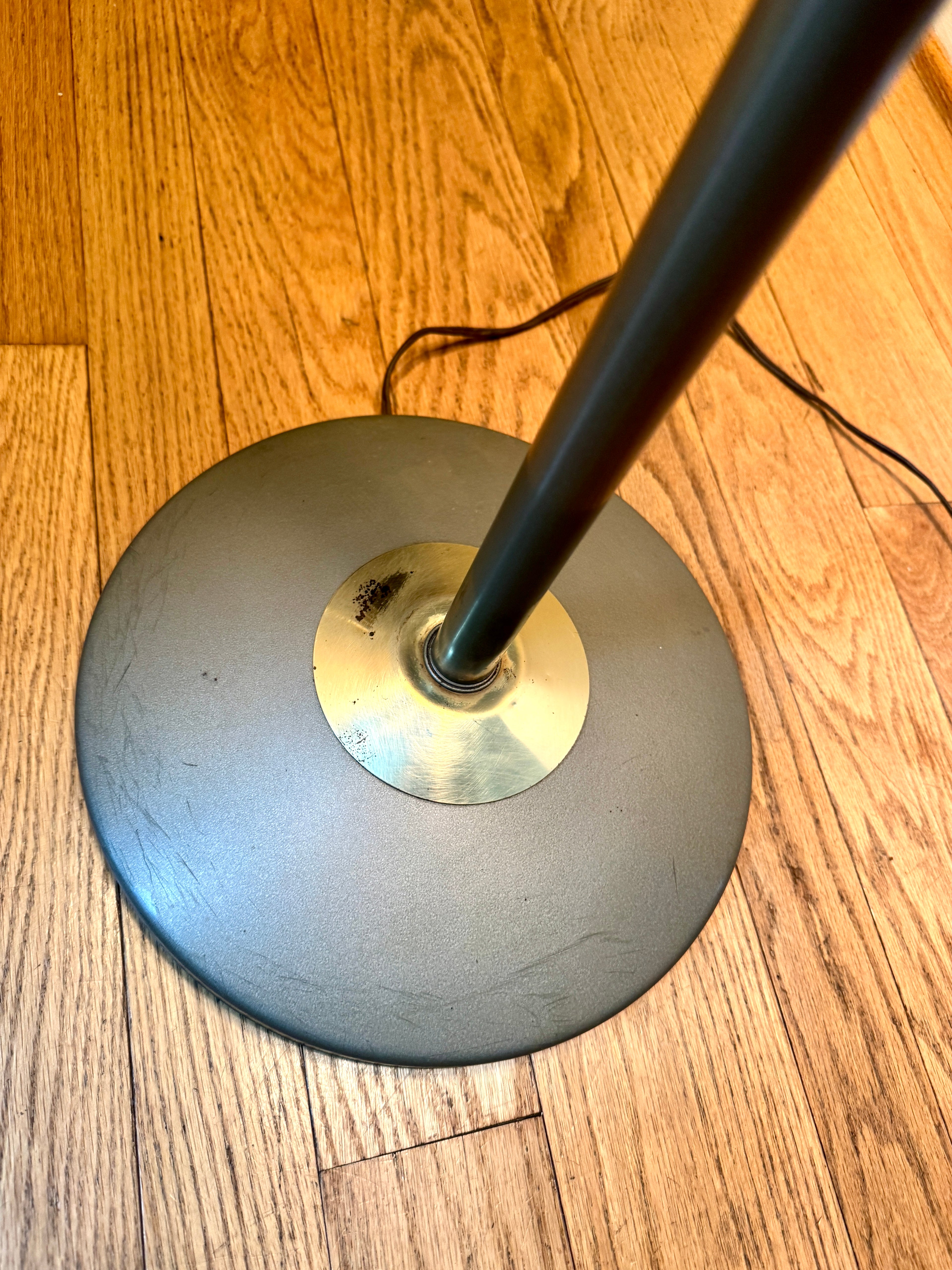 1960's MCM "Triennale" Floor Lamp Attributed to Gerald Thurston for Lightolier, Featuring Gray Bullet Shades and Silver & Brass Accents.