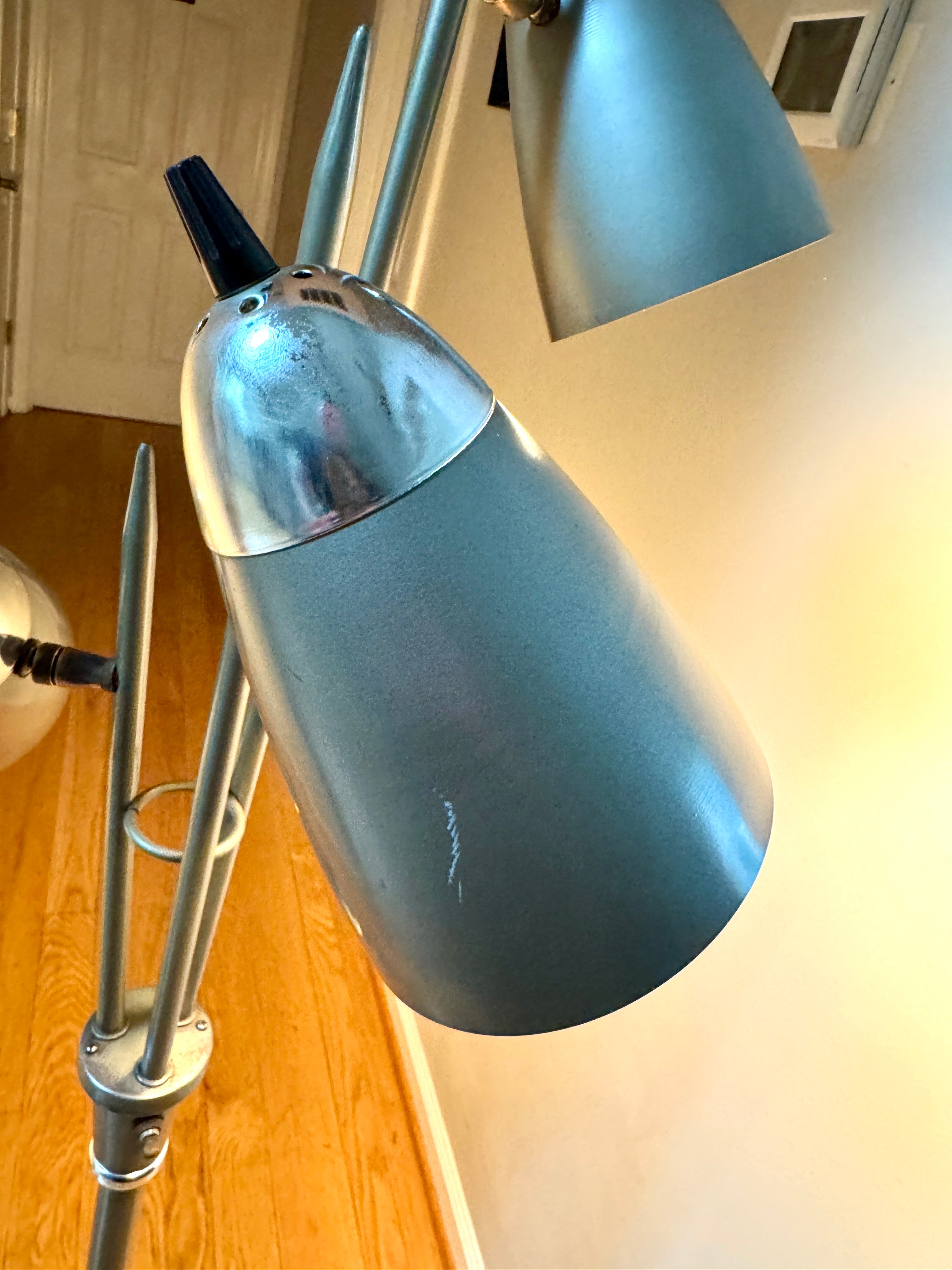 1960's MCM "Triennale" Floor Lamp Attributed to Gerald Thurston for Lightolier, Featuring Gray Bullet Shades and Silver & Brass Accents.