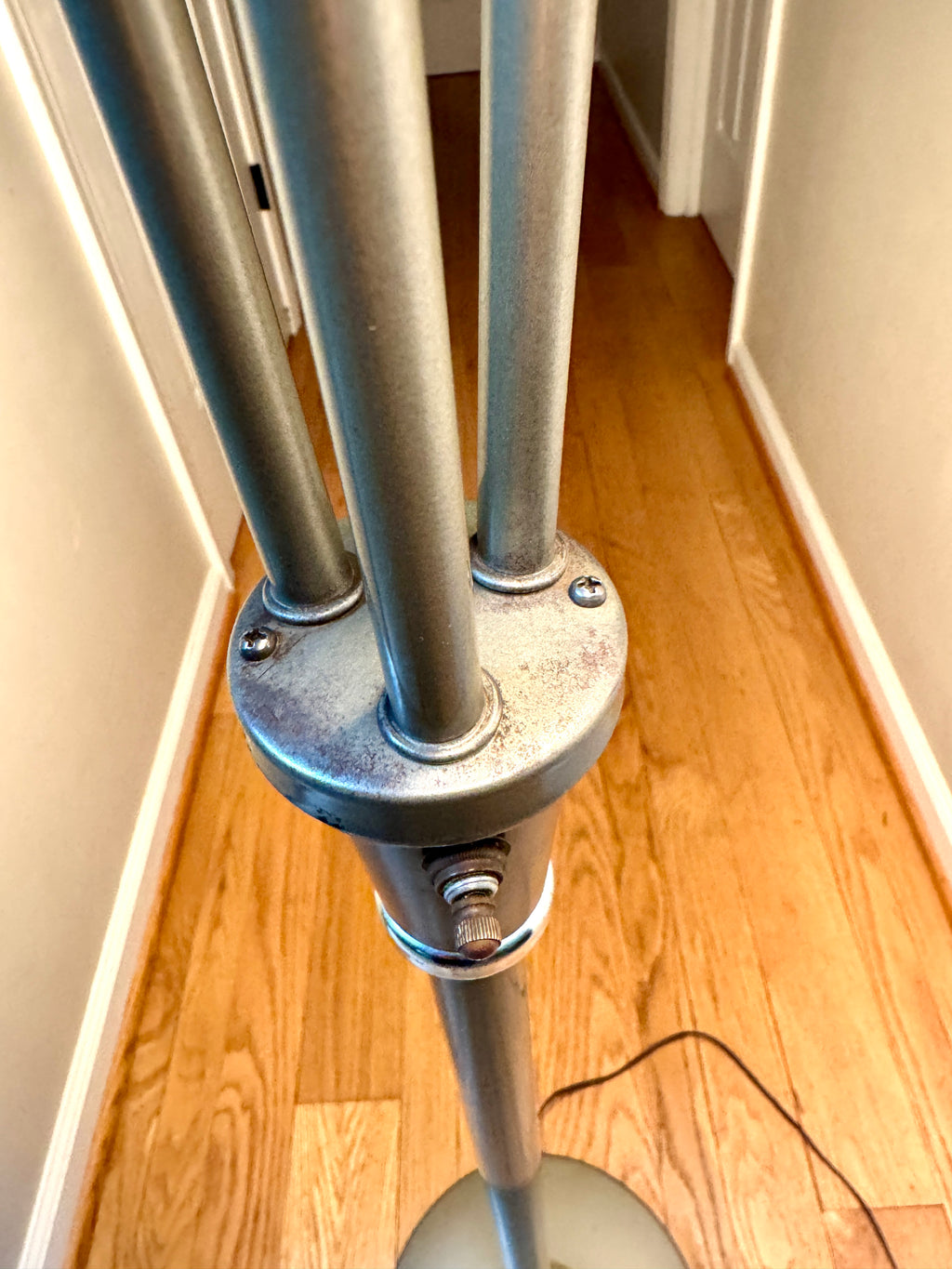 1960's MCM "Triennale" Floor Lamp Attributed to Gerald Thurston for Lightolier, Featuring Gray Bullet Shades and Silver & Brass Accents.
