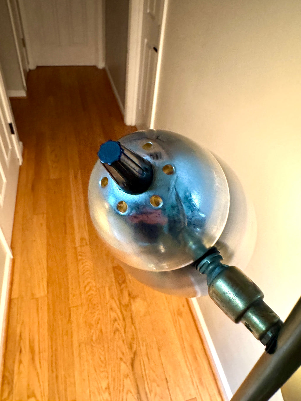 1960's MCM "Triennale" Floor Lamp Attributed to Gerald Thurston for Lightolier, Featuring Gray Bullet Shades and Silver & Brass Accents.