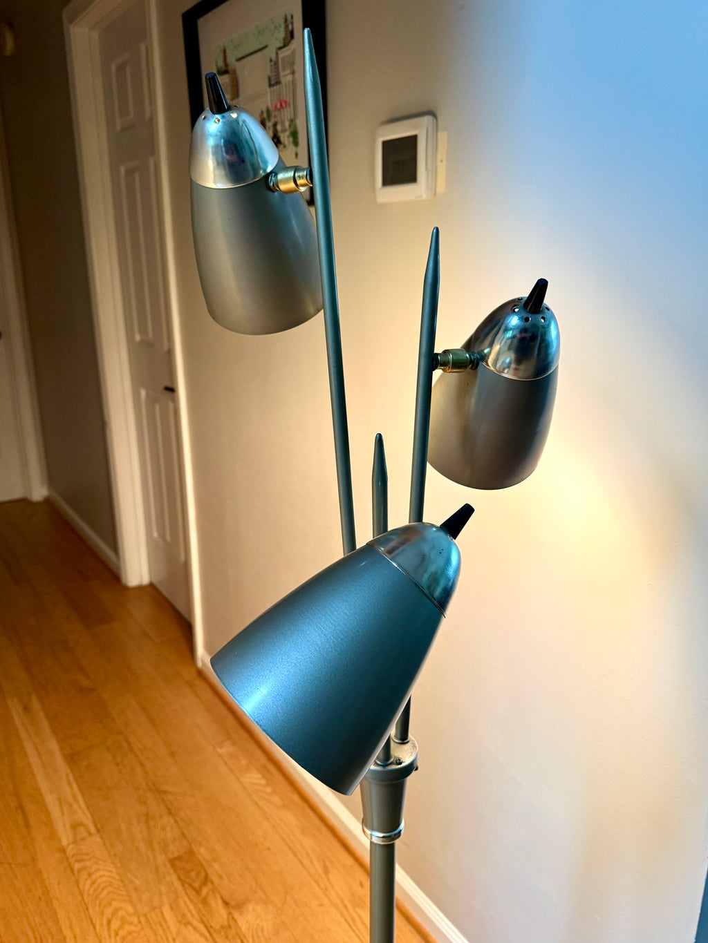 1960's MCM "Triennale" Floor Lamp Attributed to Gerald Thurston for Lightolier, Featuring Gray Bullet Shades and Silver & Brass Accents.