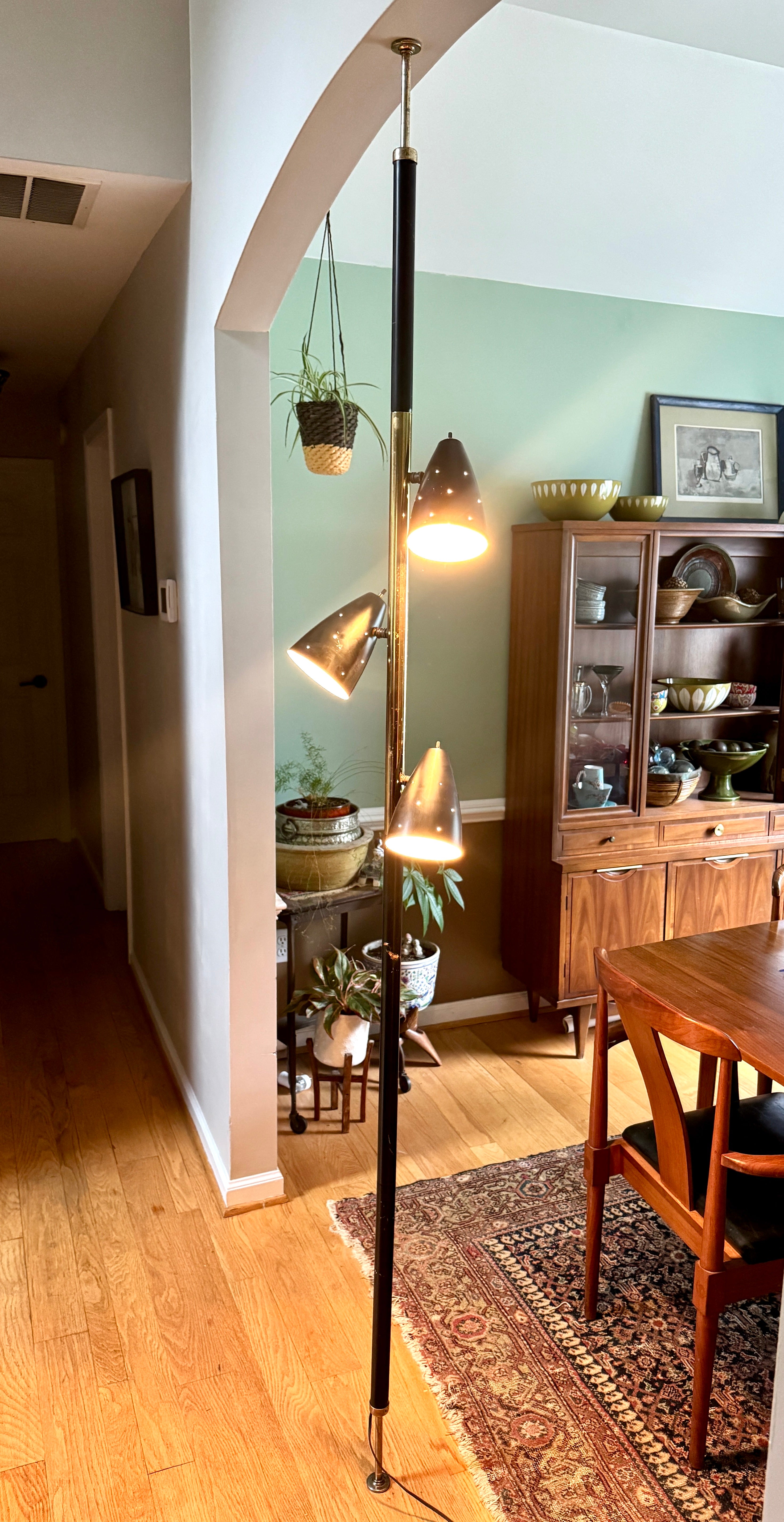 Black MCM Bullet Tension Pole Lamp ~ Black Atomic Coned Lamp ~ Modern Black & Brass Bullet Tension Pole Light