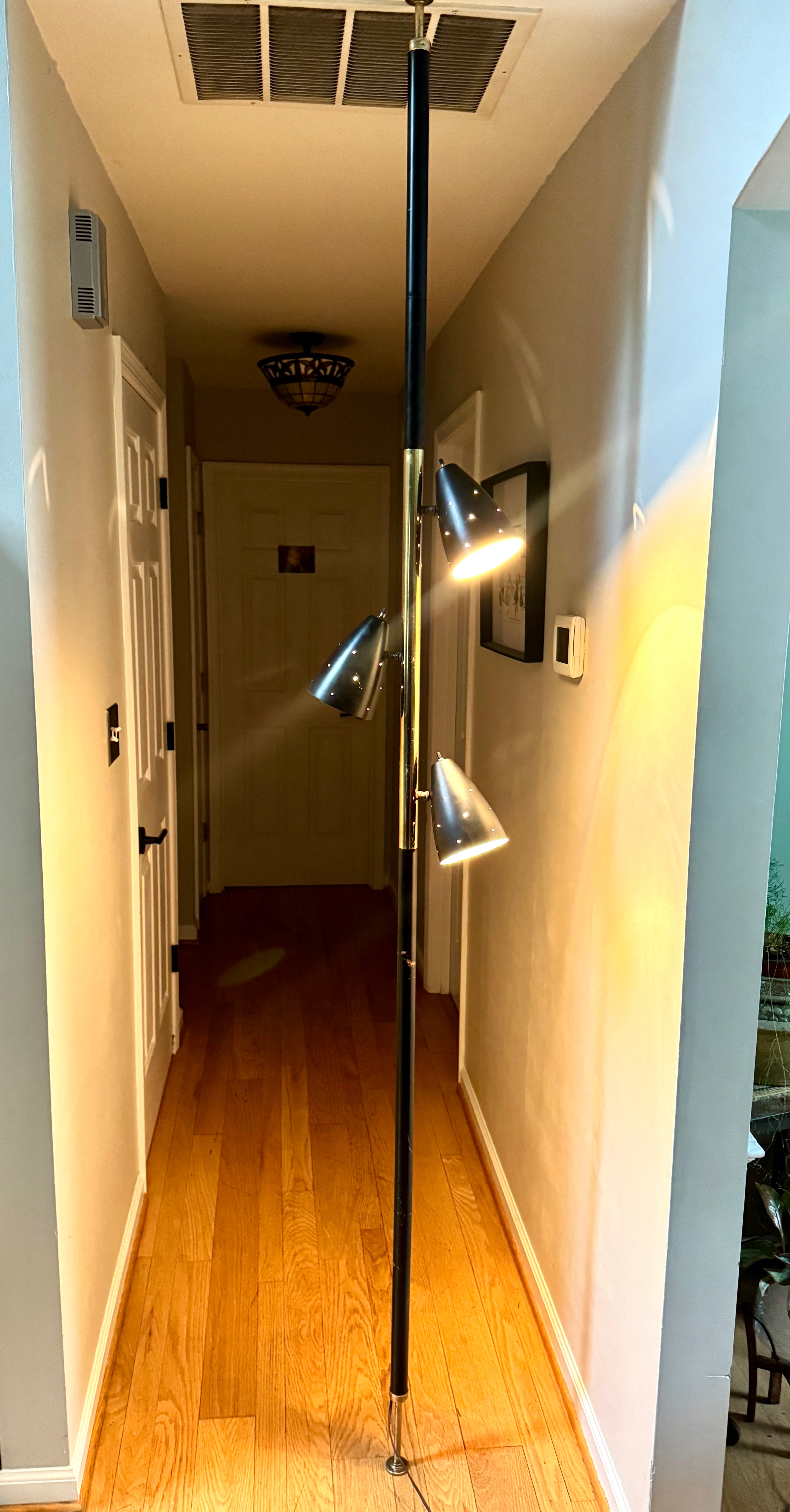 Black MCM Bullet Tension Pole Lamp ~ Black Atomic Coned Lamp ~ Modern Black & Brass Bullet Tension Pole Light