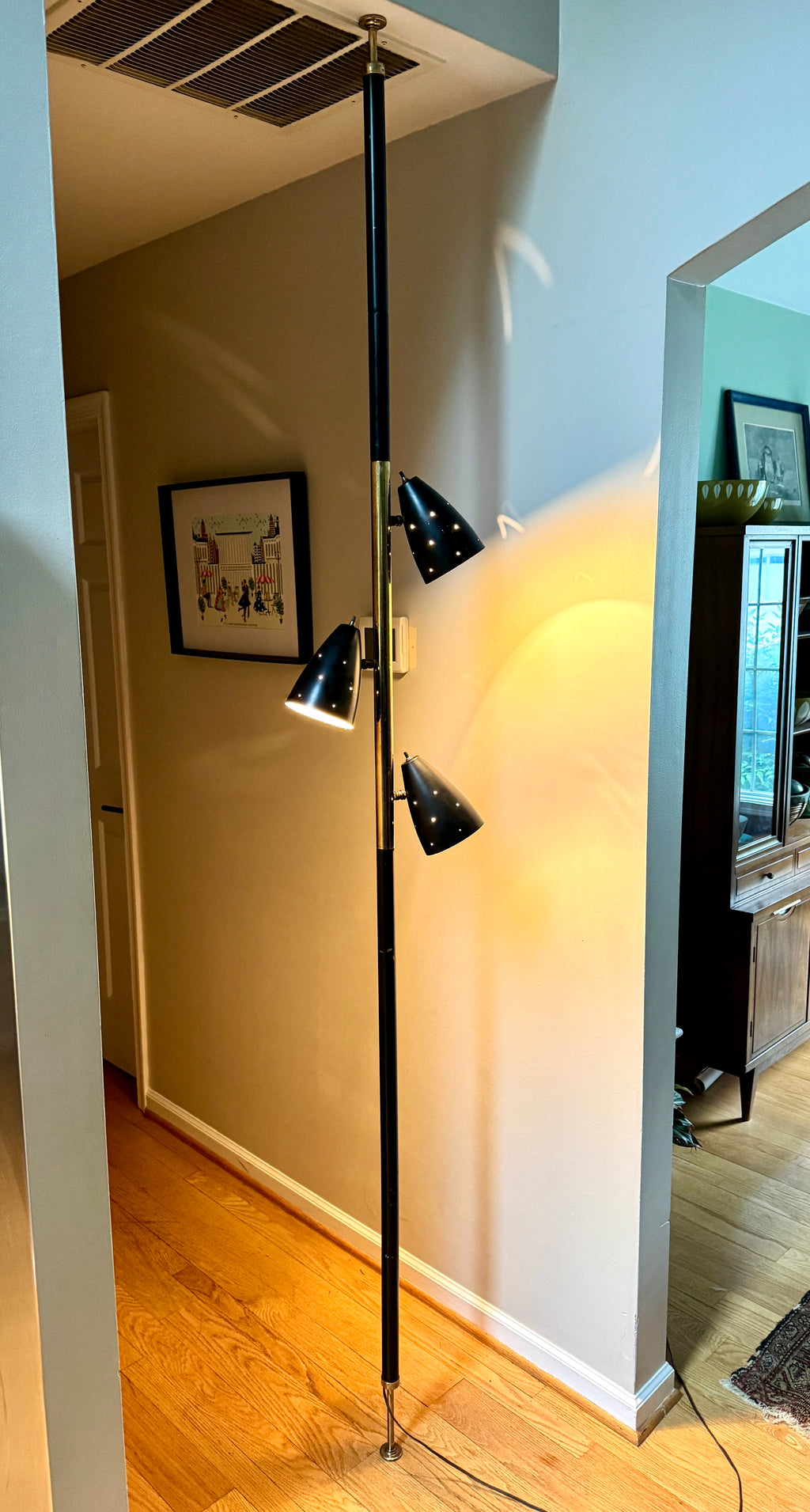 Black MCM Bullet Tension Pole Lamp ~ Black Atomic Coned Lamp ~ Modern Black & Brass Bullet Tension Pole Light