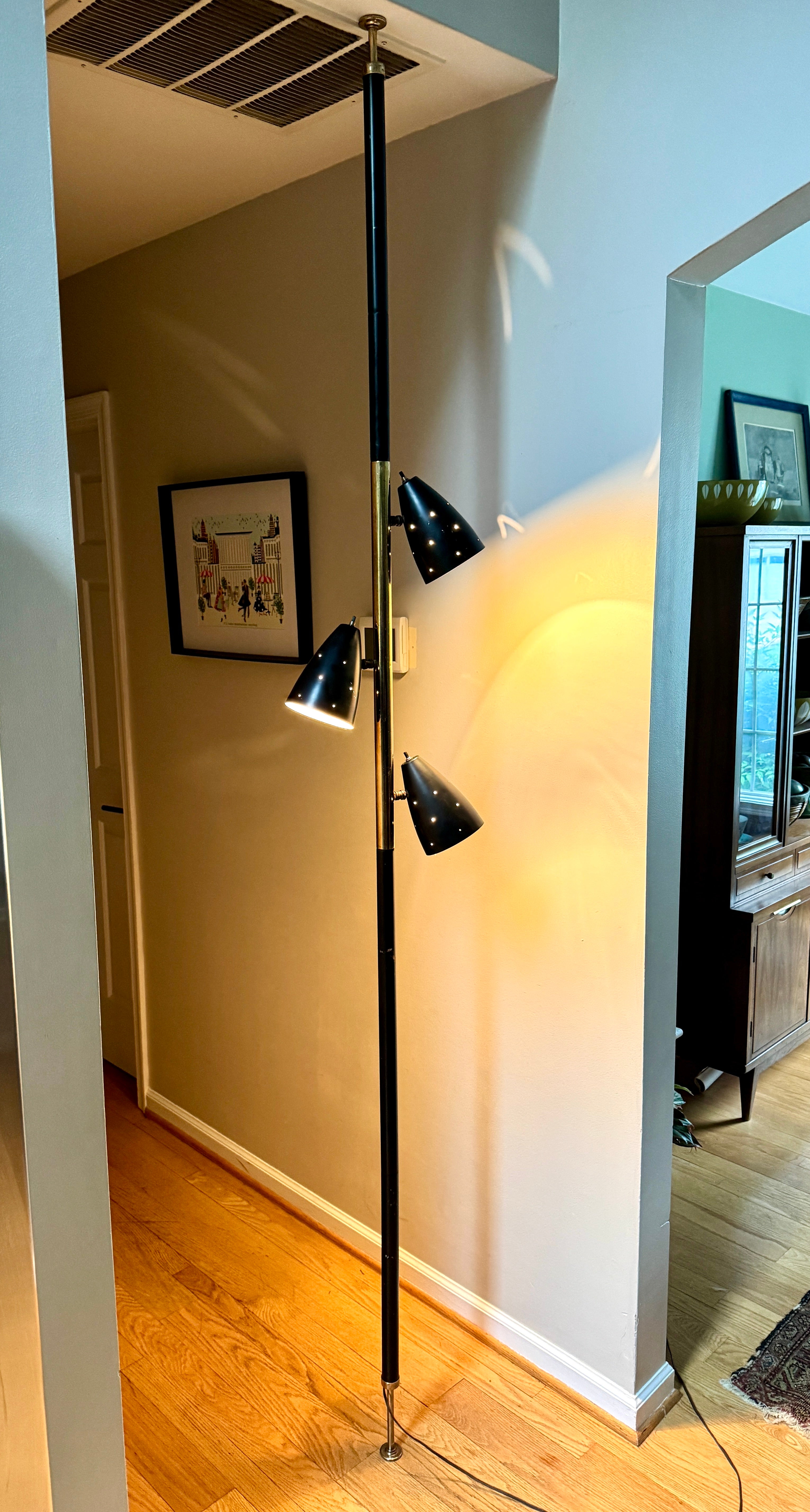 Black MCM Bullet Tension Pole Lamp ~ Black Atomic Coned Lamp ~ Modern Black & Brass Bullet Tension Pole Light