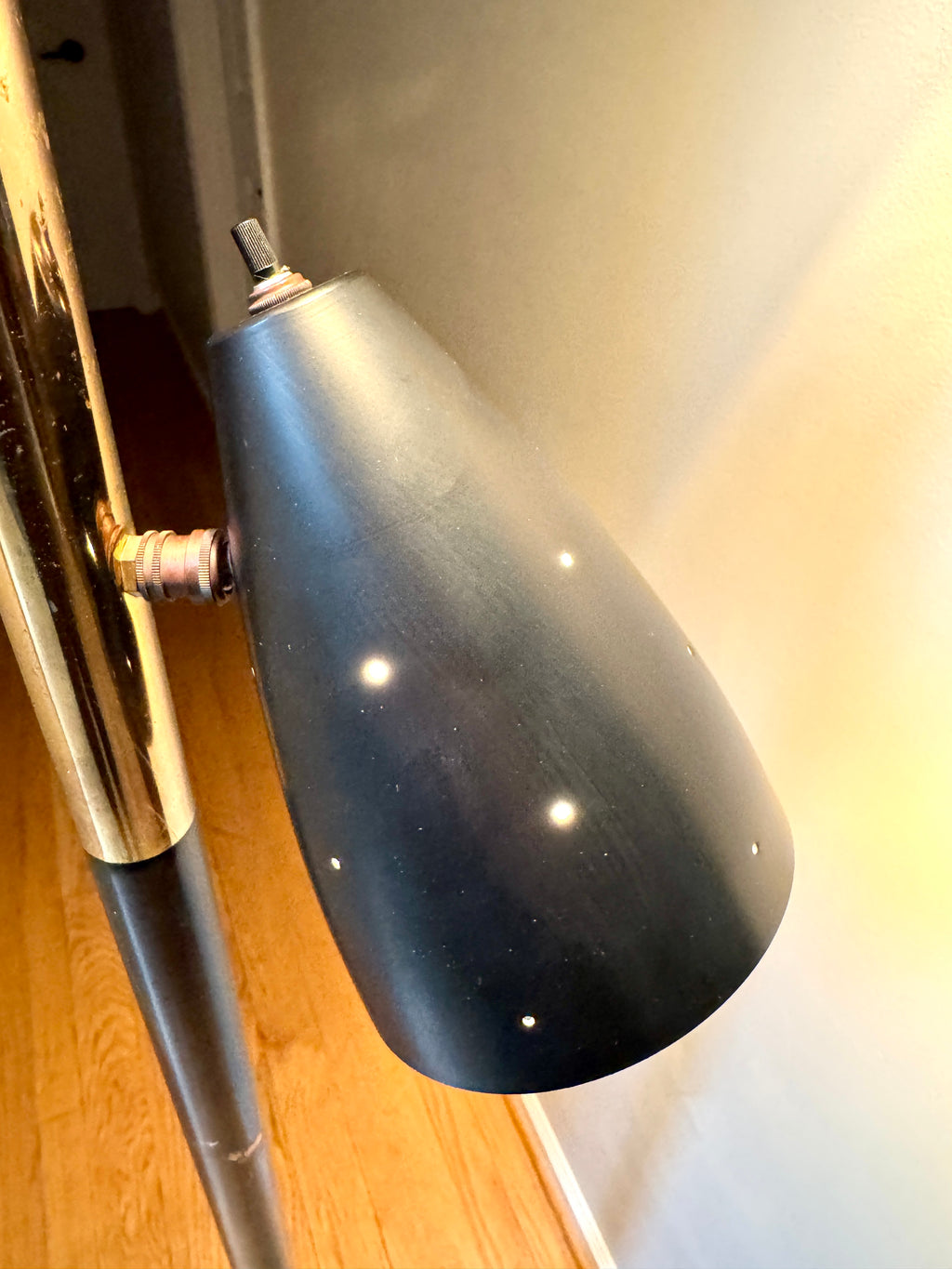 Black MCM Bullet Tension Pole Lamp ~ Black Atomic Coned Lamp ~ Modern Black & Brass Bullet Tension Pole Light