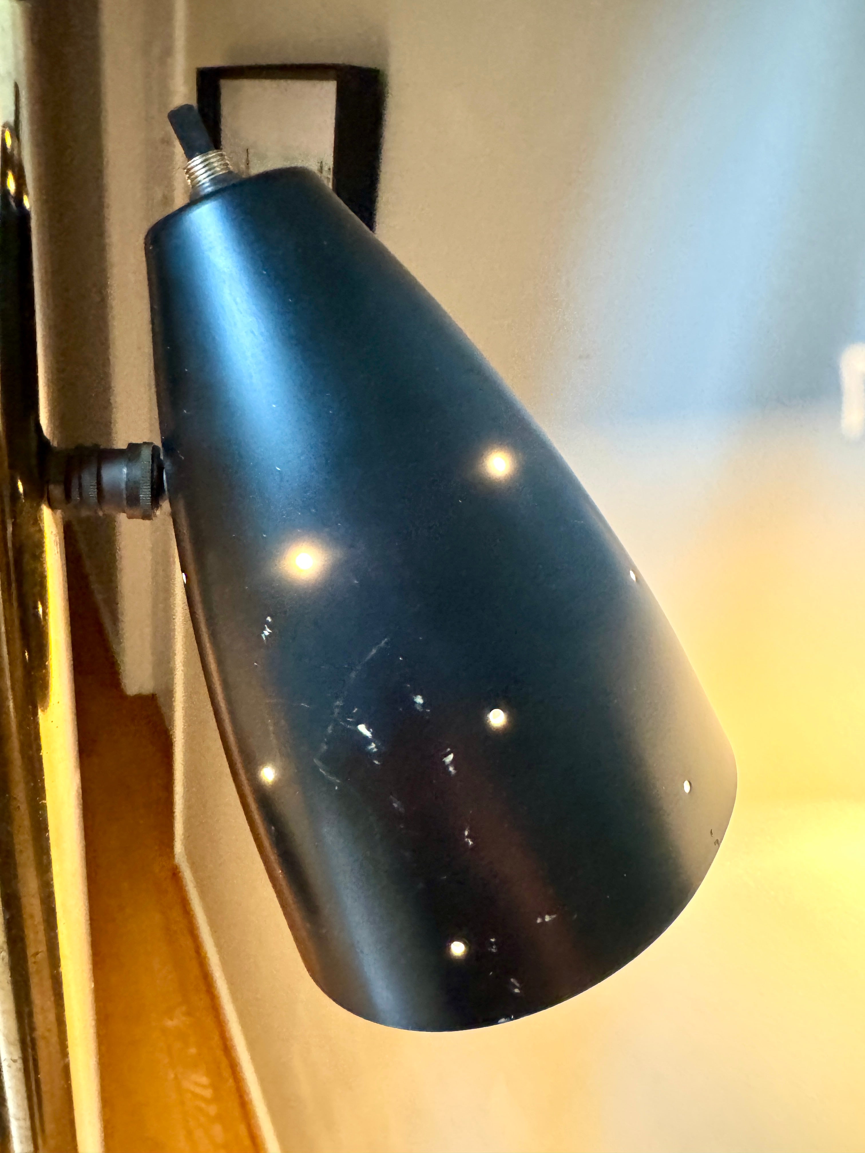 Black MCM Bullet Tension Pole Lamp ~ Black Atomic Coned Lamp ~ Modern Black & Brass Bullet Tension Pole Light