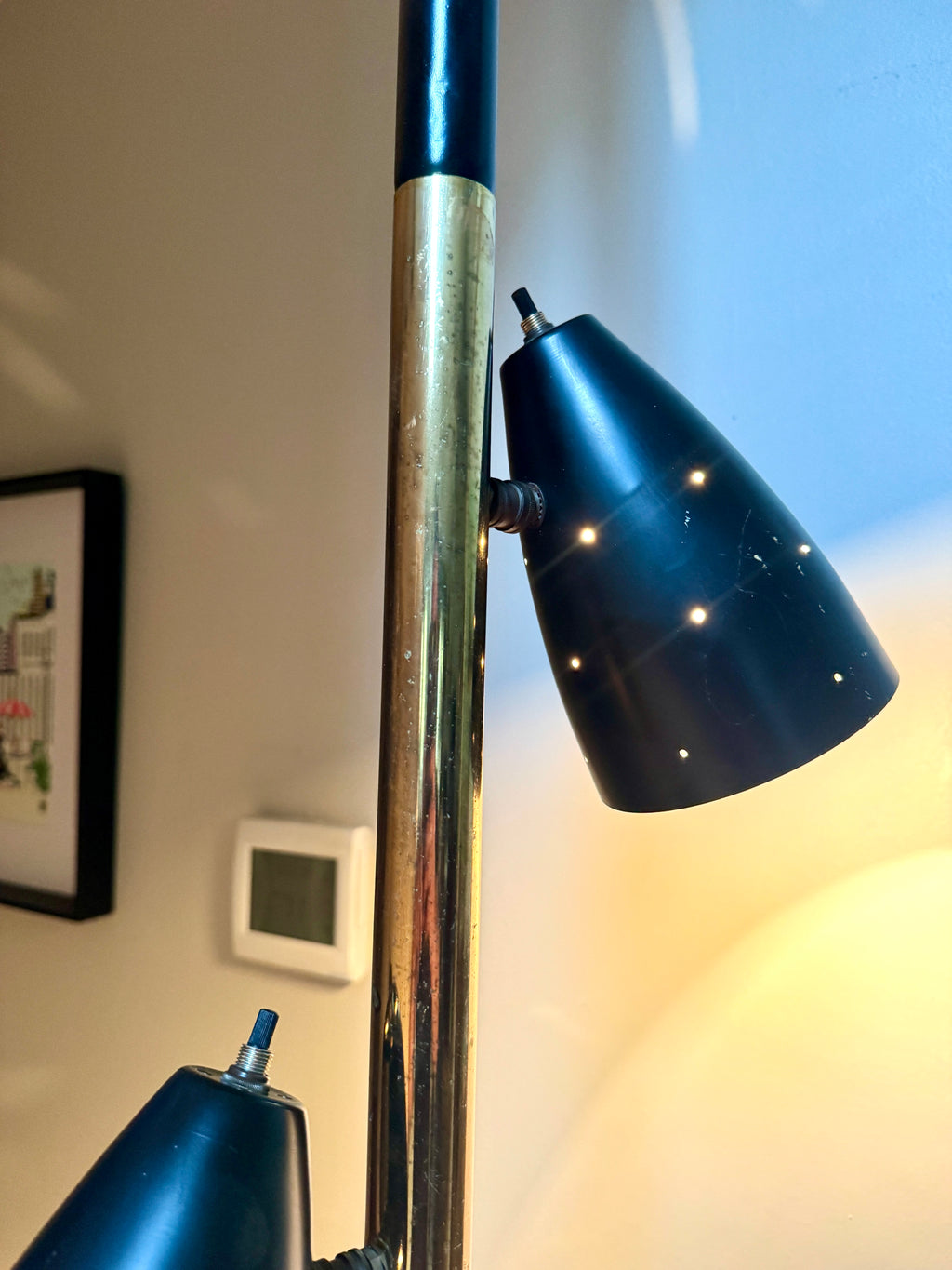 Black MCM Bullet Tension Pole Lamp ~ Black Atomic Coned Lamp ~ Modern Black & Brass Bullet Tension Pole Light
