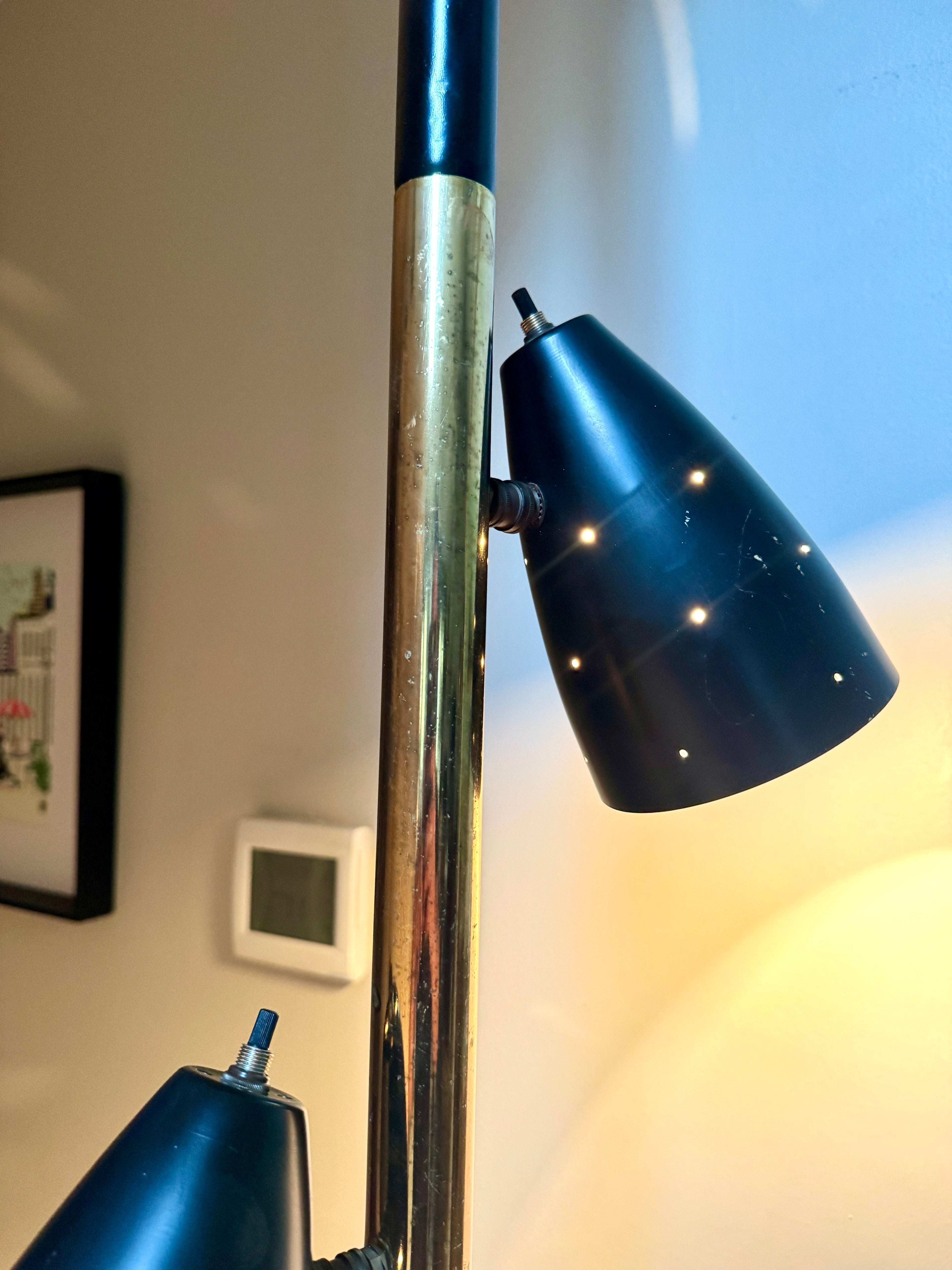 Black MCM Bullet Tension Pole Lamp ~ Black Atomic Coned Lamp ~ Modern Black & Brass Bullet Tension Pole Light
