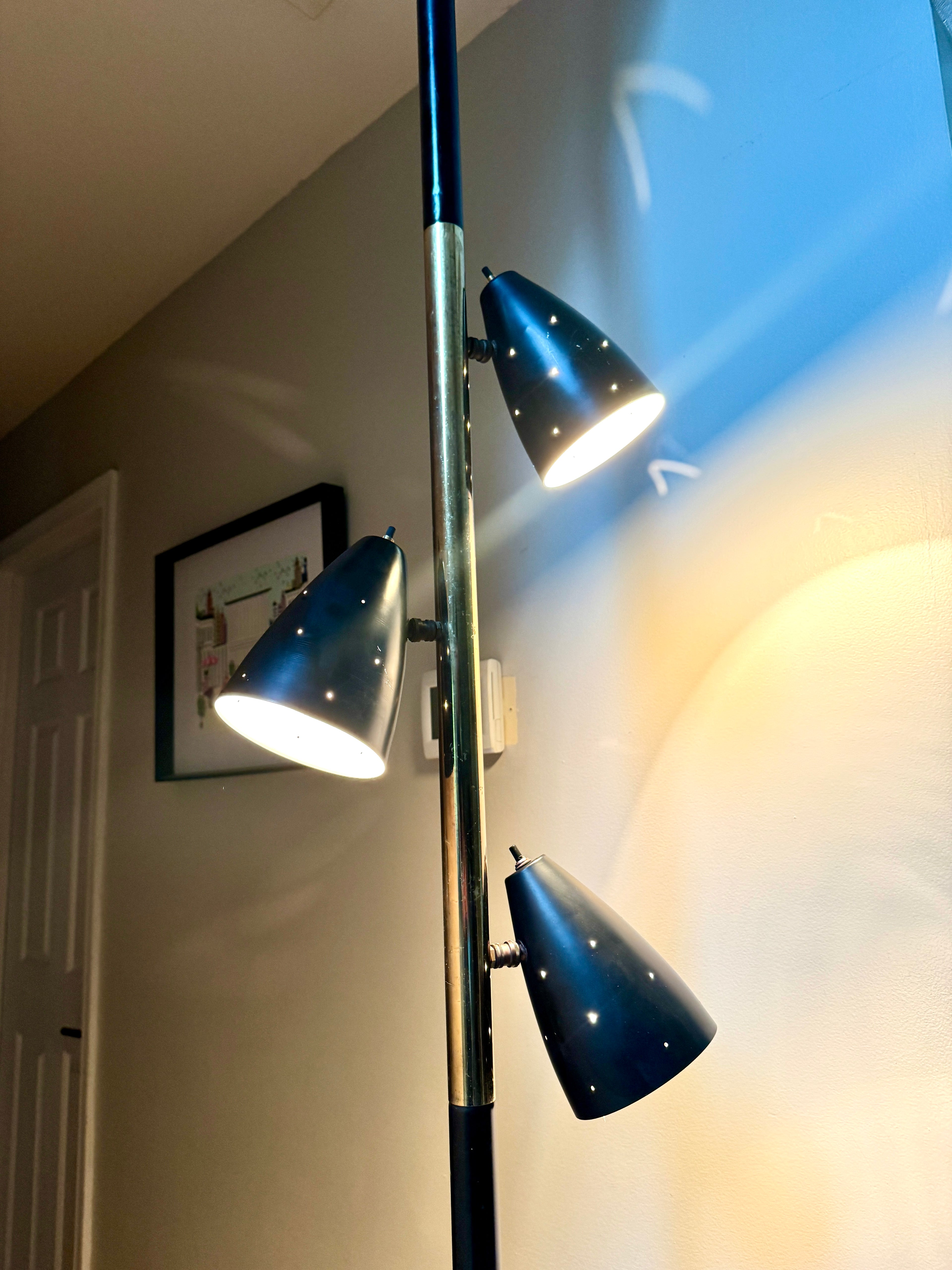Black MCM Bullet Tension Pole Lamp ~ Black Atomic Coned Lamp ~ Modern Black & Brass Bullet Tension Pole Light