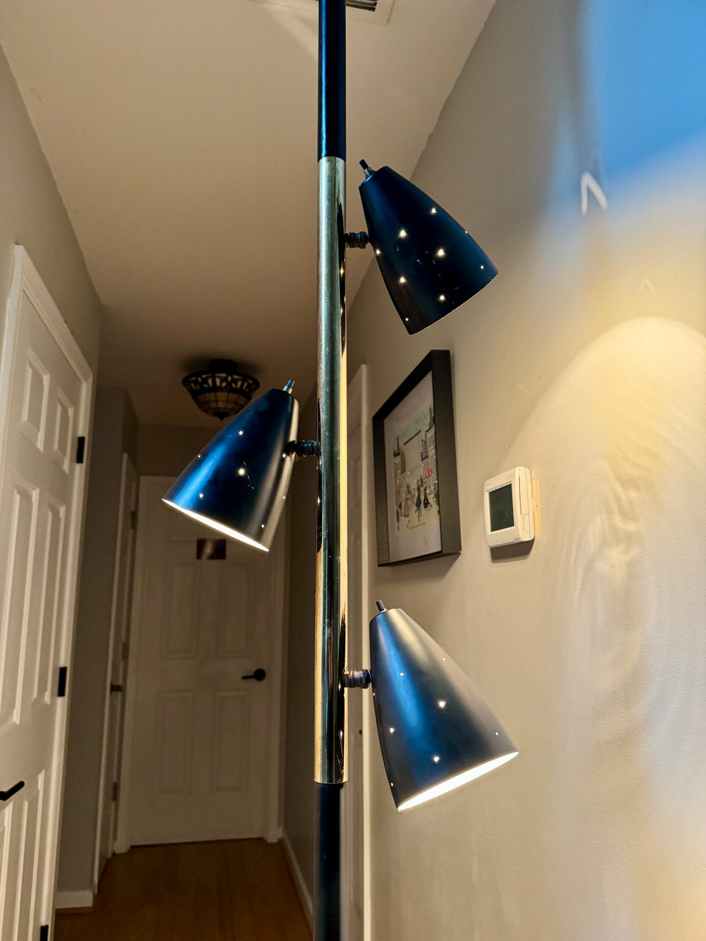 Black MCM Bullet Tension Pole Lamp ~ Black Atomic Coned Lamp ~ Modern Black & Brass Bullet Tension Pole Light