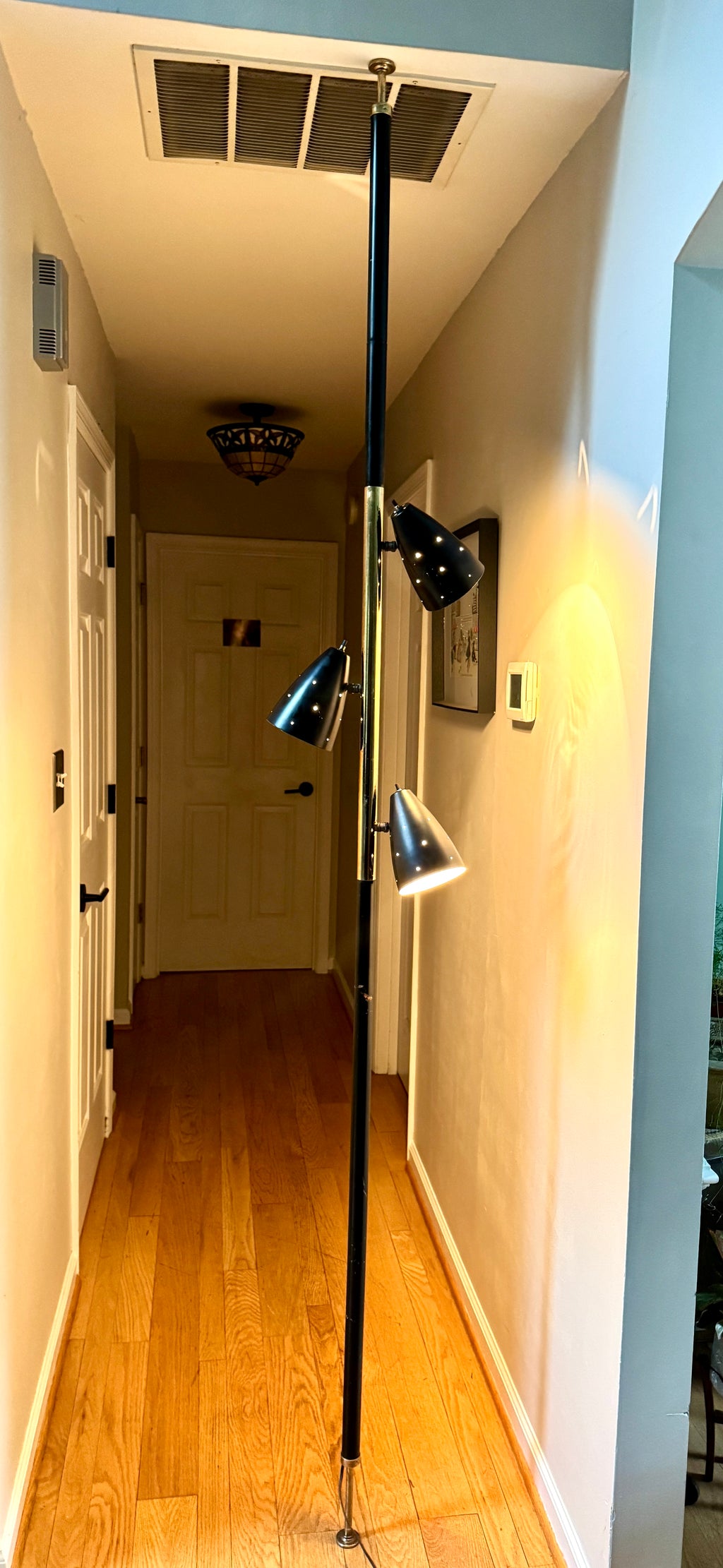Black MCM Bullet Tension Pole Lamp ~ Black Atomic Coned Lamp ~ Modern Black & Brass Bullet Tension Pole Light