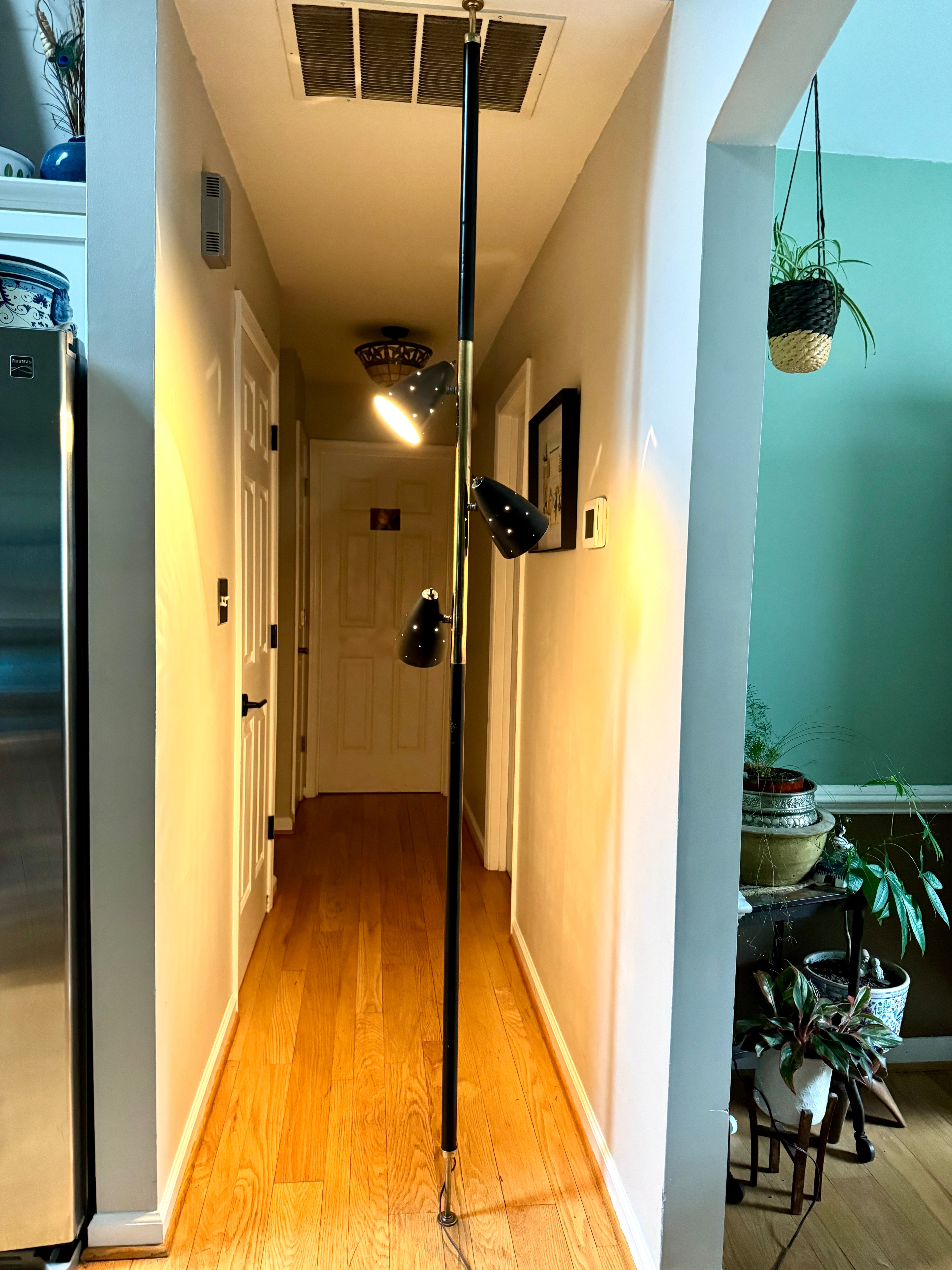 Black MCM Bullet Tension Pole Lamp ~ Black Atomic Coned Lamp ~ Modern Black & Brass Bullet Tension Pole Light