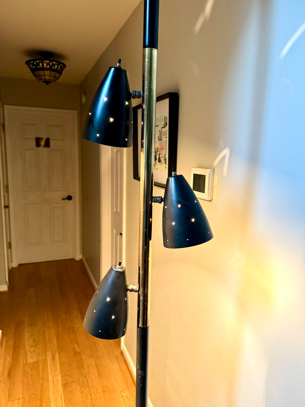 Black MCM Bullet Tension Pole Lamp ~ Black Atomic Coned Lamp ~ Modern Black & Brass Bullet Tension Pole Light
