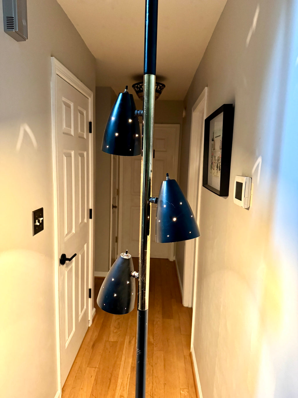 Black MCM Bullet Tension Pole Lamp ~ Black Atomic Coned Lamp ~ Modern Black & Brass Bullet Tension Pole Light