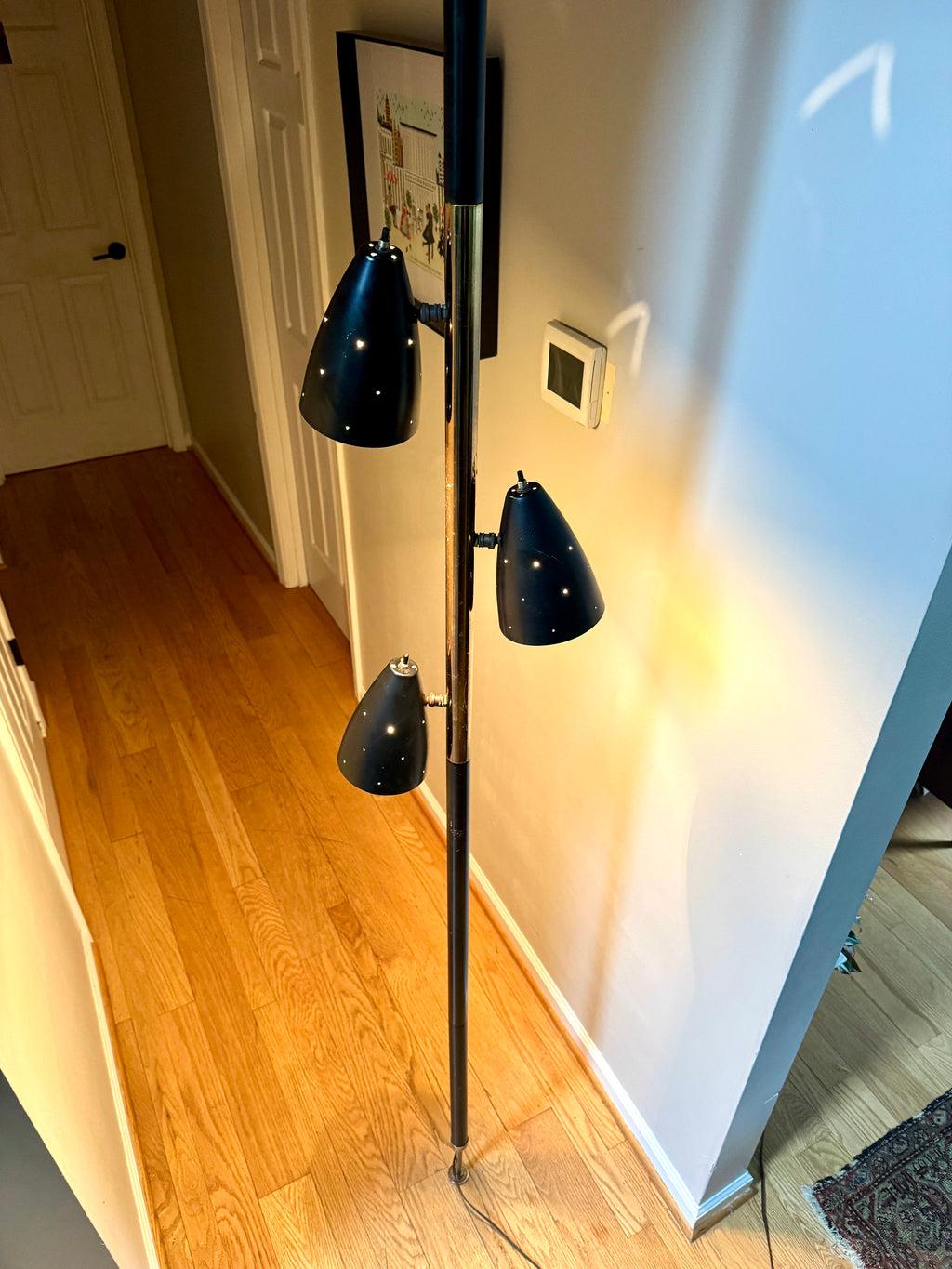Black MCM Bullet Tension Pole Lamp ~ Black Atomic Coned Lamp ~ Modern Black & Brass Bullet Tension Pole Light